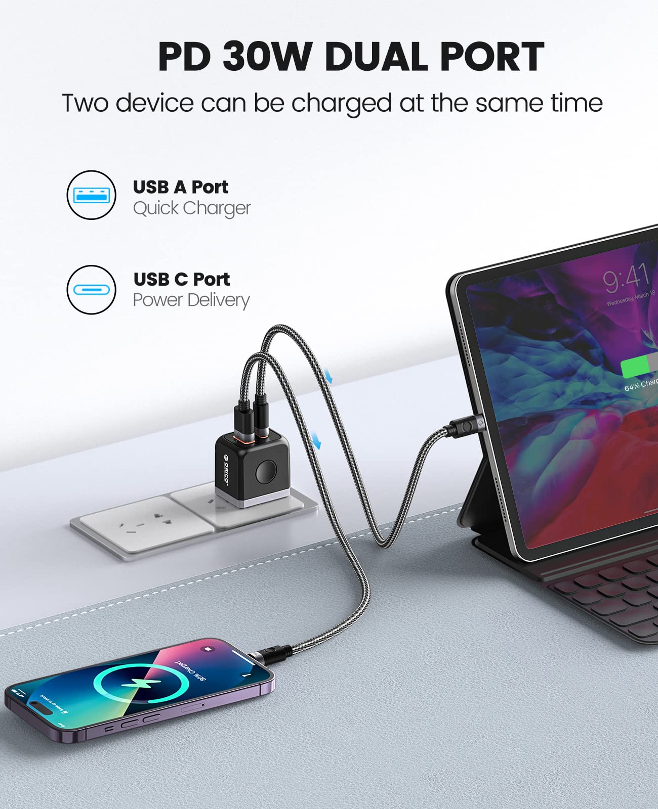 ORICO 30W GaN USB C Fast Charger with USB C Cable, Dual Port PD & QC3.0 Wall Charger - Compatible with iPhone 14/13/12 Pro Max, Galaxy S23/S22, iPad, MacBook Air - Perfect for Travel, Office & Home Charging