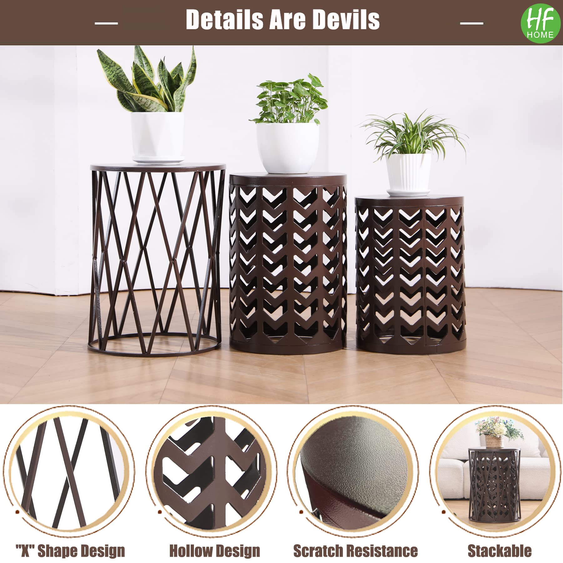 HFHOME Round Nesting Coffee Tables Set of 3 - Heavy Duty Metal Stacking End Tables for Living Room, Balcony, Office - Brown Indoor Side Tables for Home Decor | Perfect for Small Spaces, Coffee Time & Modern Interior Design