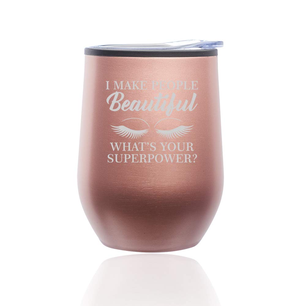 Stemless Wine Glass Tumbler with Lid - Insulated Travel Mug for Coffee, Tea & Wine - Rose Gold (Perfect for Lash Artists, Estheticians & Makeup Professionals - Great for On-the-Go or Salon Use)
