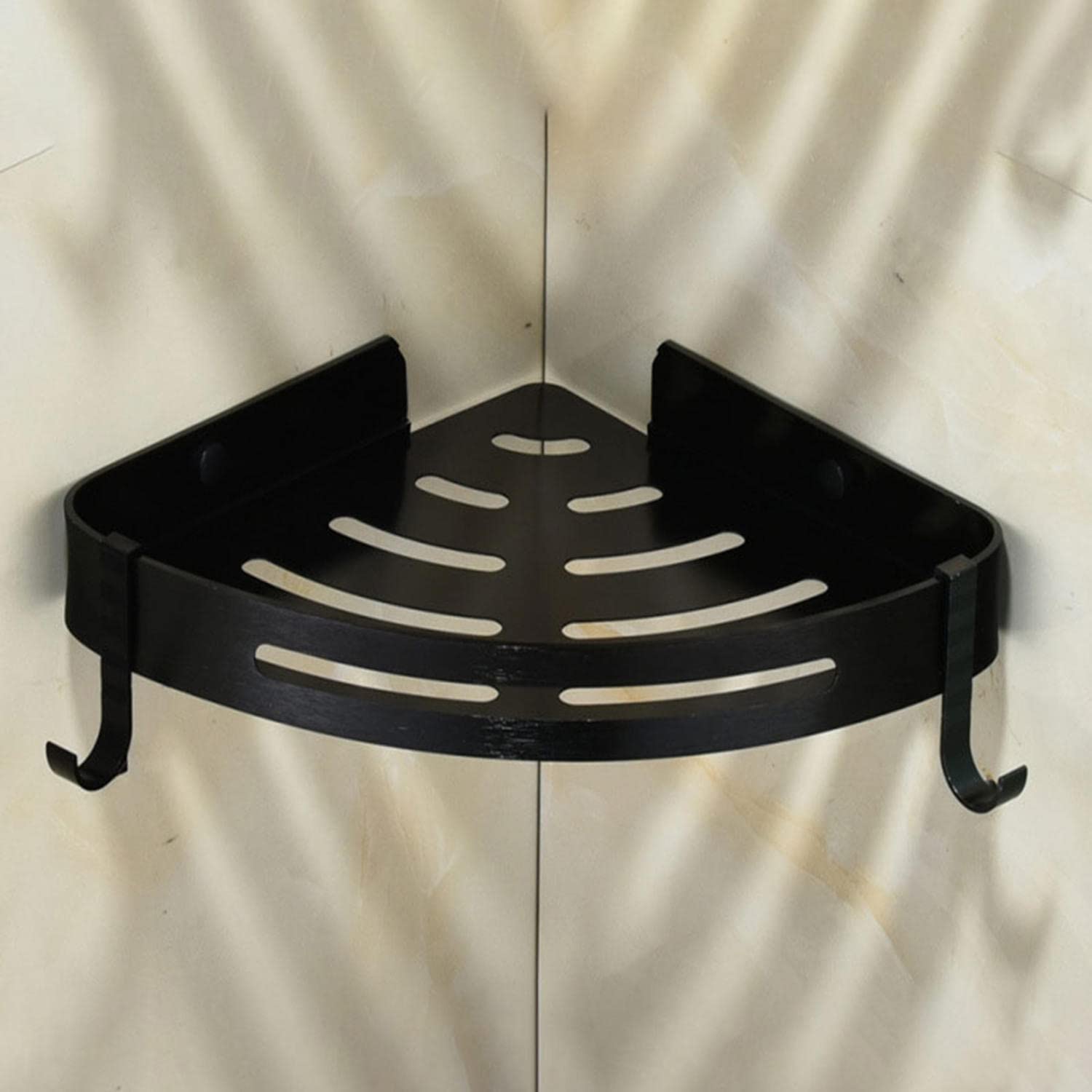 No Drill Bathroom Corner Shelves with Hooks - Waterproof Shower Storage Shelf for Towels, Toiletries & Kitchen Items | Space-Saving Triangle Organizer for Bath, Shower & Toilet (Black)