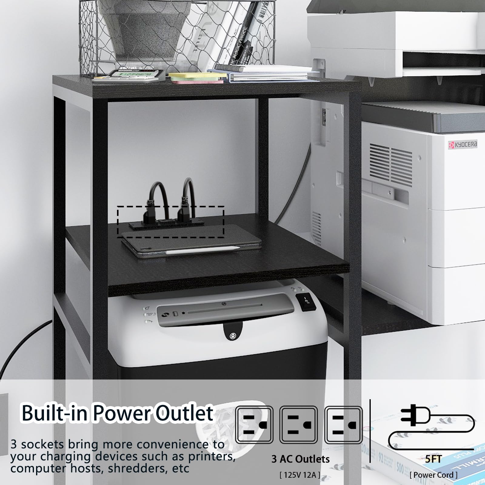 Natwind Printer and Shredder Stand with Power Outlet - Heavy Duty Ergonomic Workstation Organizer for Home Office, Black - Perfect for Desk Organization & Cable Management