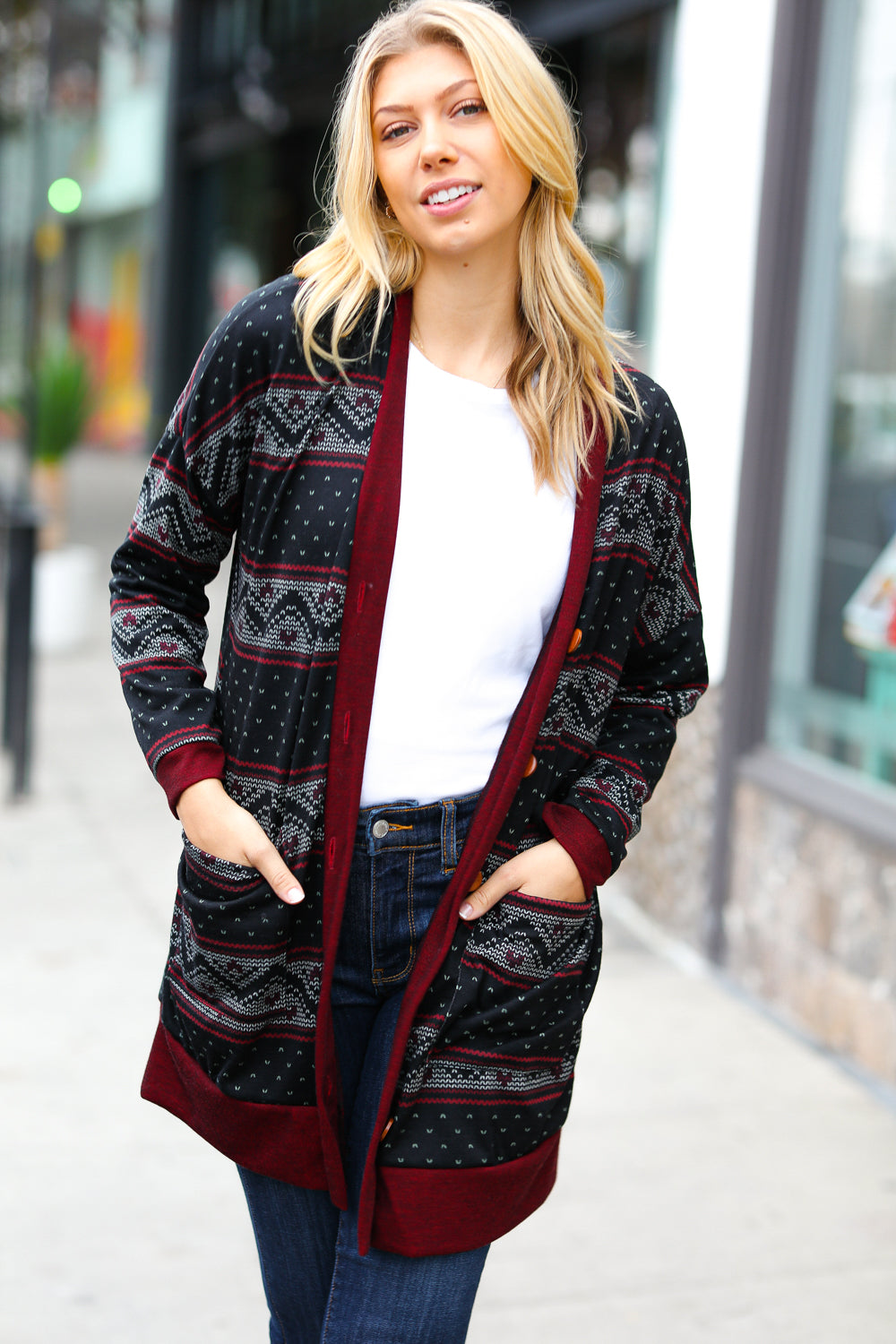Classic Burgundy Holiday Print Button Cardigan for Women - Cozy Christmas Sweater for Holiday Parties & Family Gatherings