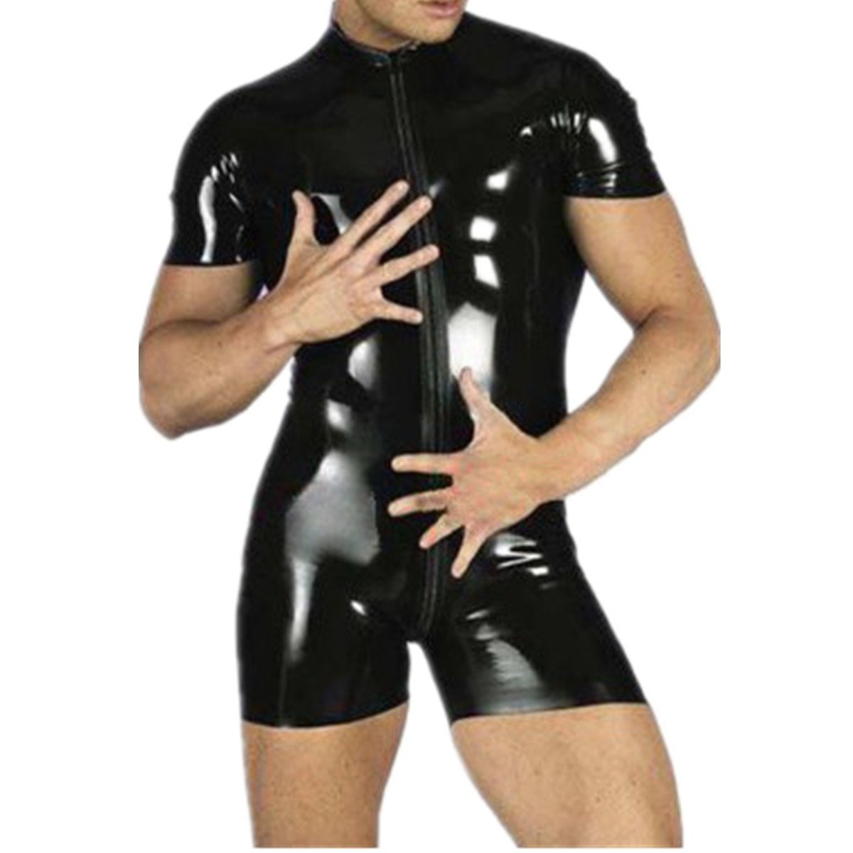 iiniim Men's Wet Look Leather Catsuit - Black PVC Front Zipper Jumpsuit Bodysuit for Fetish, Cosplay & Nightclub Outfits | Fits Halloween & BDSM Costumes