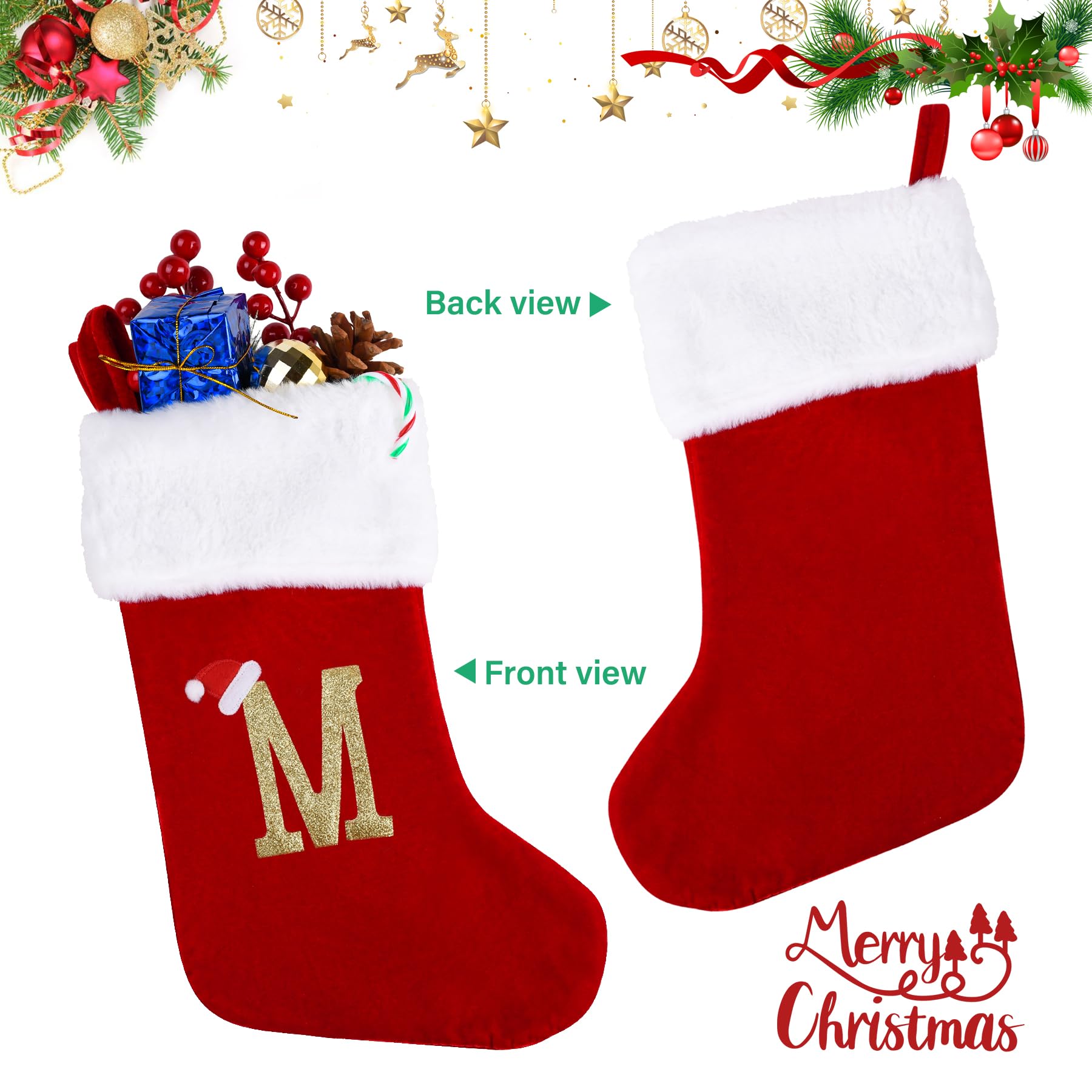 20 Inch Personalized Monogram Christmas Stockings - Large Red Velvet Holiday Stockings with Soft Plush White Cuff - Perfect for Fireplace Mantel, Xmas Tree Decor & Festive Gift Giving