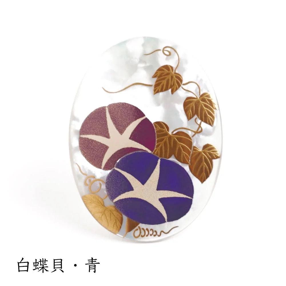 Handcrafted Maki-e Urushi Lacquer Brooch with White South Sea Pearl Shell - Japanese Morning Glory Floral Design in Blue - Traditional Artisan Jewelry for Women - Perfect for Weddings, Tea Ceremonies & Special Occasions