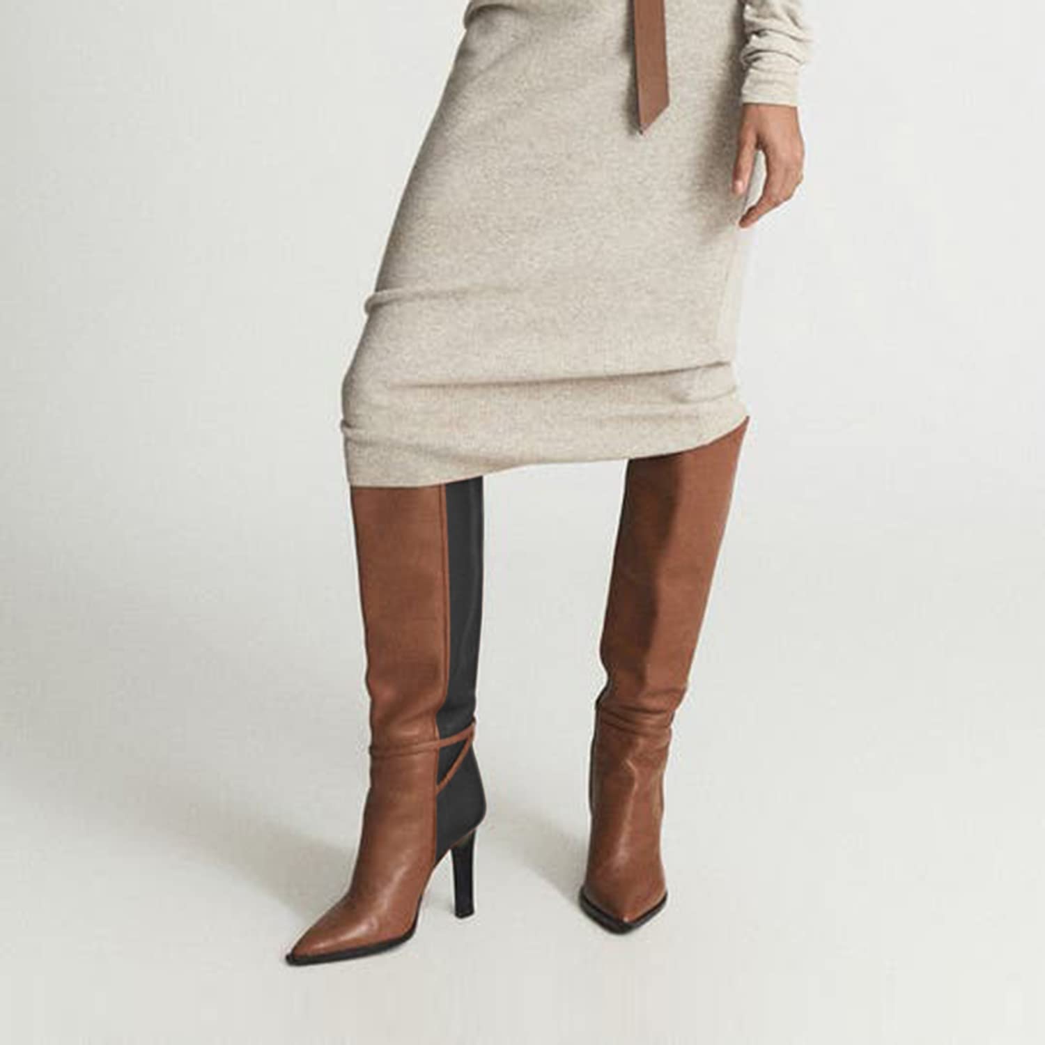 Women's Two-Tone Snakeskin Over The Knee Boots - Brown Pull-On Long Boots with Ankle Strap, Pointed Toe & Thin High Heel (US Size 4-16 M) | Elegant Dress Boots for Office, Party & Night Out