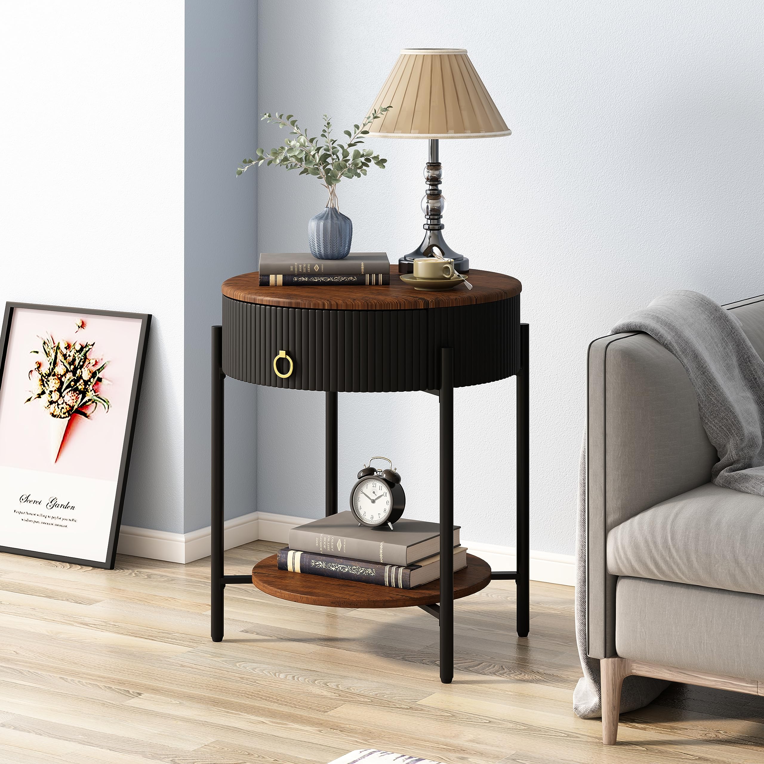 Modern Industrial Side Table with Drawer & 2-Tier Shelf - Wood Grain Nightstand with Storage for Living Room, Bedroom, Office & Dorm - Perfect for Small Spaces & Apartment Living (Black)