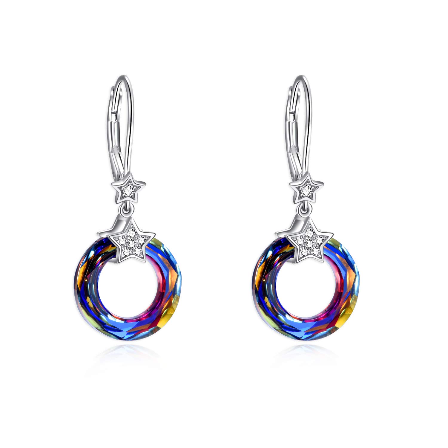Volcano Rose & Star Crystal Earrings - Sterling Silver Rose Circle Dangle Leverback Earrings with Austrian Crystals | Elegant Jewelry Gift for Women | Perfect for Birthday, Anniversary & Special Occasions
