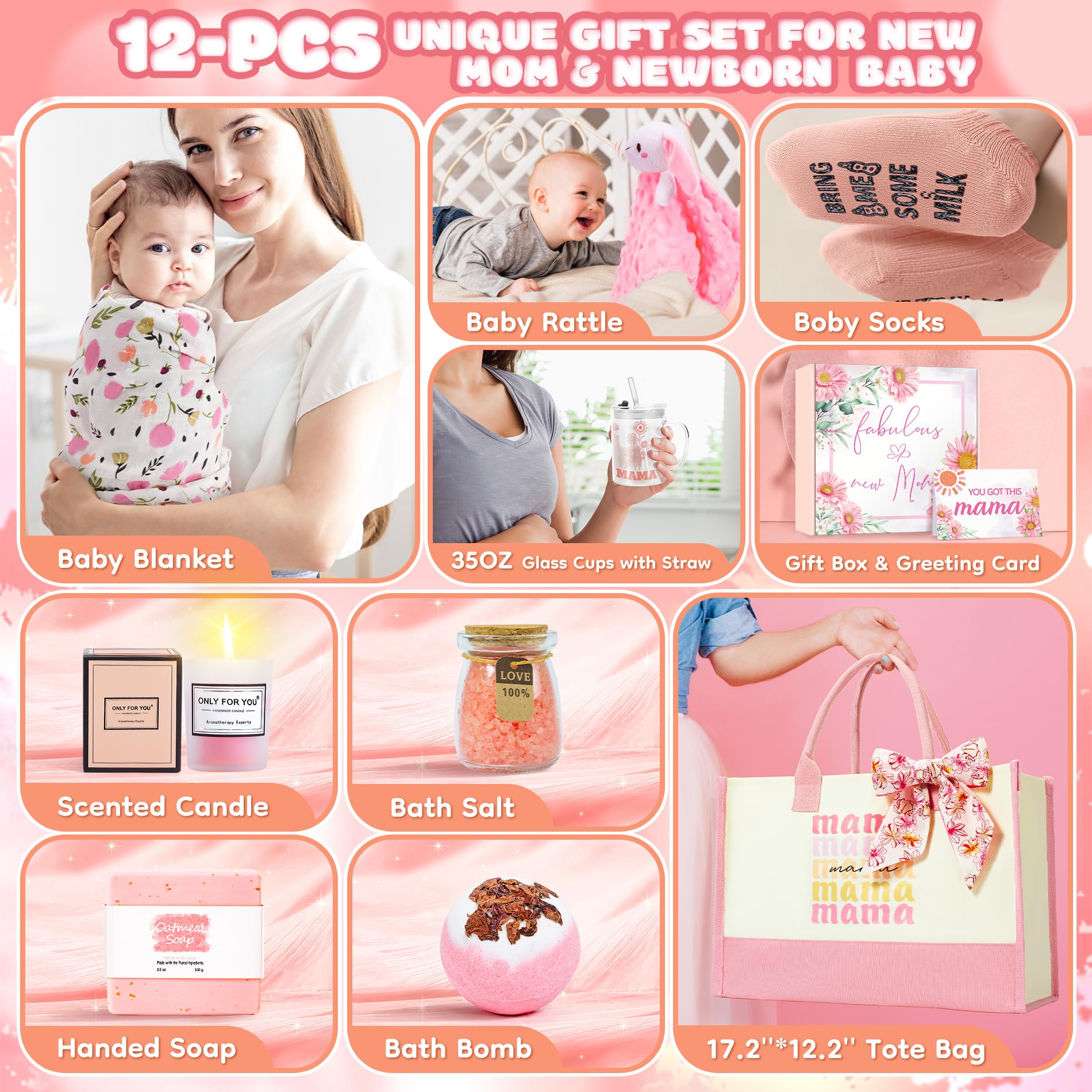 12PCS Premium Baby Shower Gift Set for Newborn Girls - New Mom Care Package with Pregnancy Essentials, Soft Baby Clothes & Accessories - Perfect Newborn Baby Girl Gifts & Thoughtful Present for Expecting Mothers - Ideal for Baby Showers, Hospital Visits and First-Time Mom Support