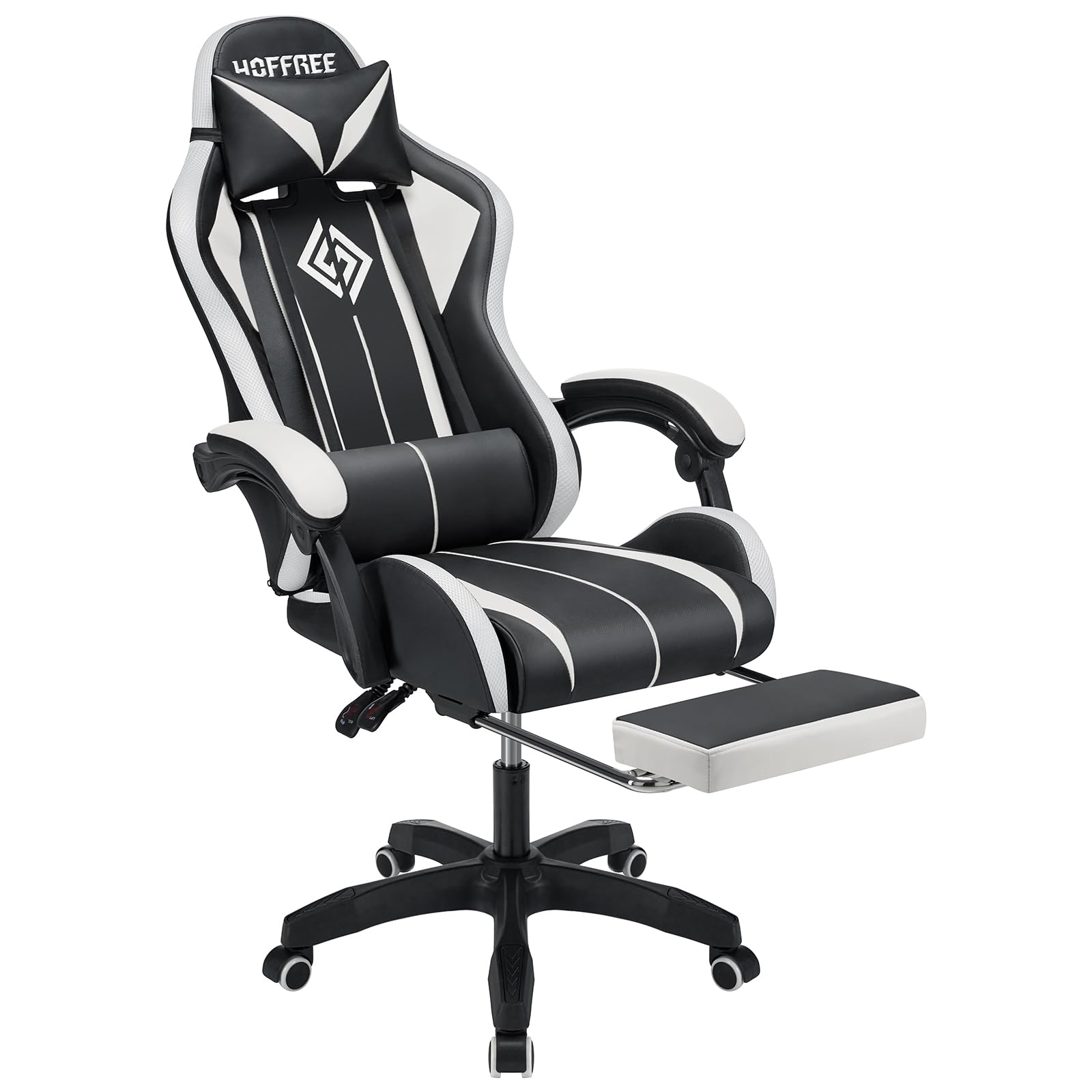 HOFFREE RGB Gaming Chair with Built-in Speakers & Massage Function - Ergonomic LED Computer Gaming Chair with Adjustable Footrest & High Back Support - Perfect for PC Gaming, Streaming & Office Work (White & Black)