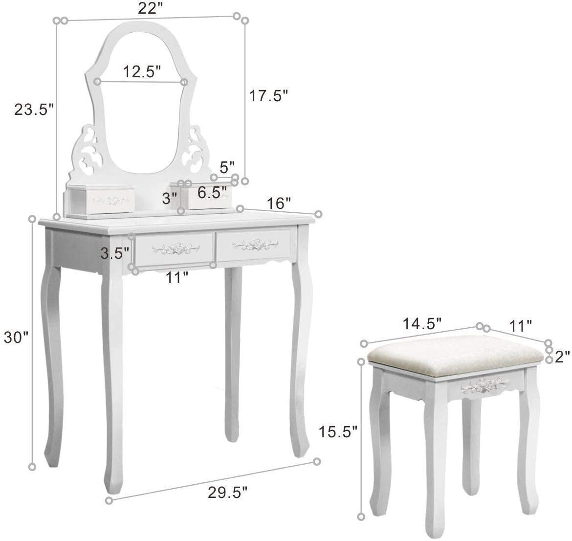 Vanity Set with Fan-Shaped Mirror, Cushioned Stool & 4 Carved Drawers - White Princess Makeup Dressing Table for Girls | Perfect for Bedroom, Living Room & Boudoir Decor