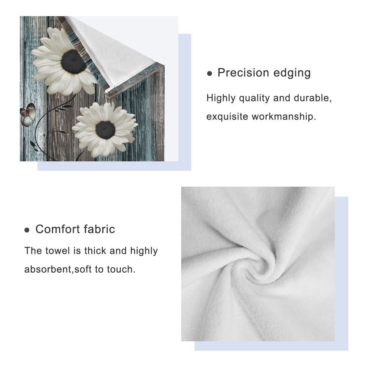 Farmhouse Bath Towels Set - 3 Piece Floral Rustic Daisy Design (1 Bath Towel, 1 Hand Towel, 1 Washcloth) - Soft, Absorbent Cotton for Bathroom & Kitchen - Teal Blue & White Wooden Plank Style - Perfect for Farmhouse Decor, Guest Bathrooms & Cozy Home Use