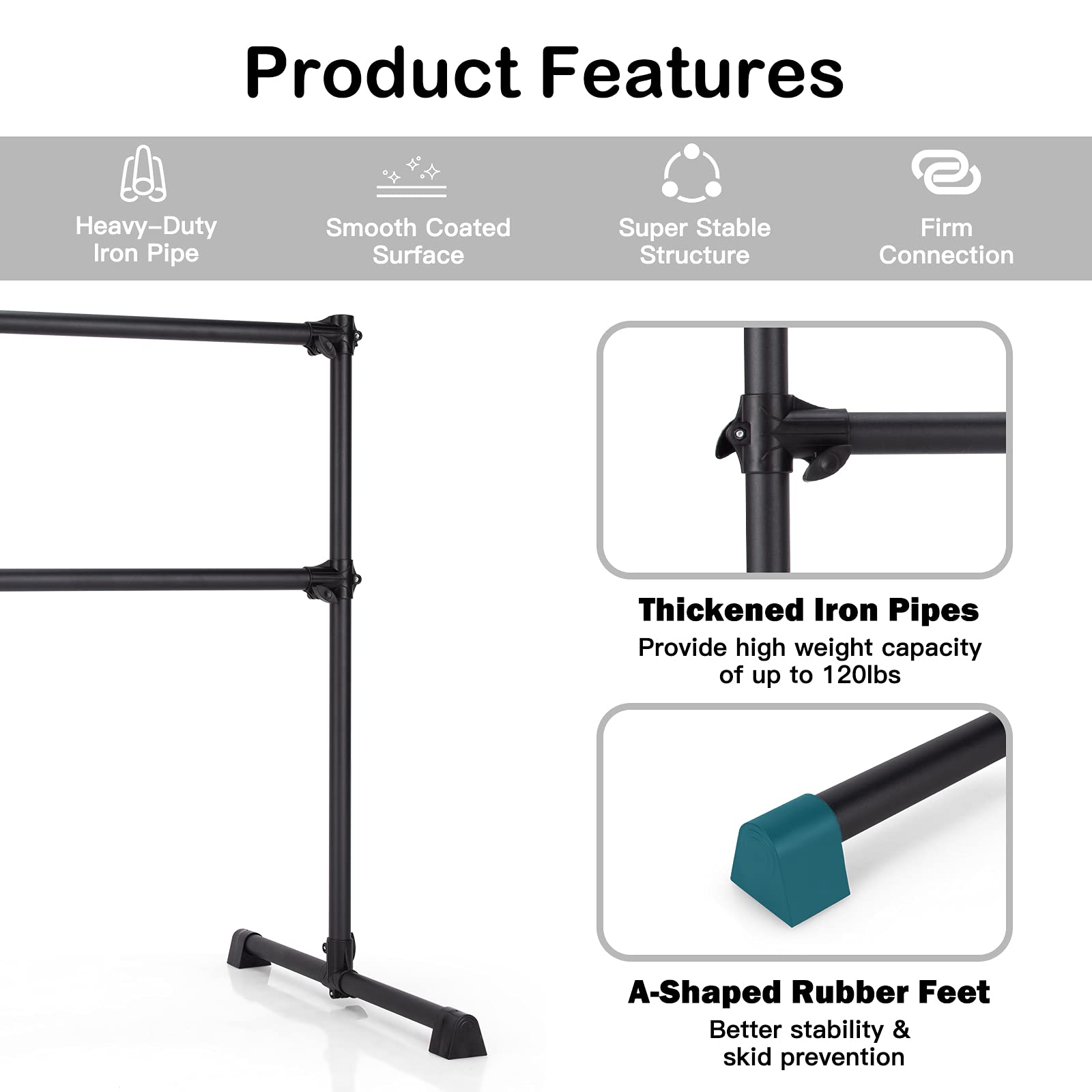 Goplus 4 FT Portable Double Ballet Barre Bar - Adjustable Height 7” to 46” for Home, School & Gym - Freestanding Dance Bar for Kids & Adults - Perfect for Ballet Practice, Stretching & Barre Workouts