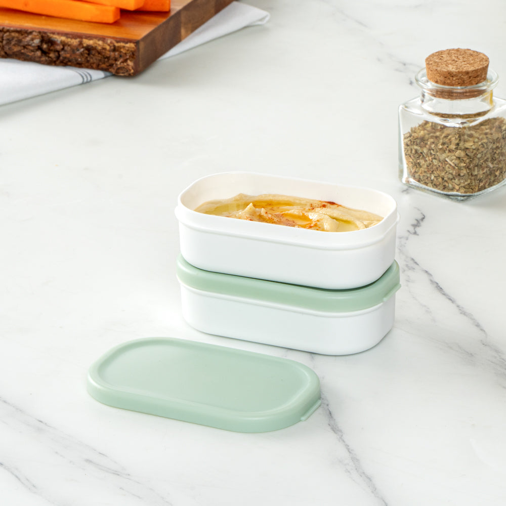 Bento Tek 3 oz White Buddha Box Snack & Sauce Containers with Green Lids - 4 Pack (3.75