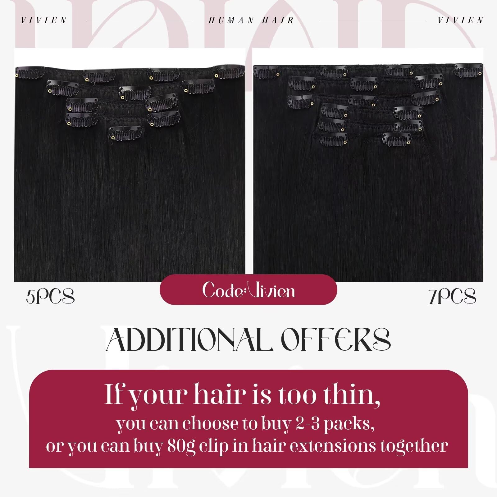 Vivien Clip in Hair Extensions 24 Inch Remy Human Hair - Jet Black Double Weft Clip-ins (7pcs/135g) #1 - Perfect for Parties, Weddings & Everyday Styling