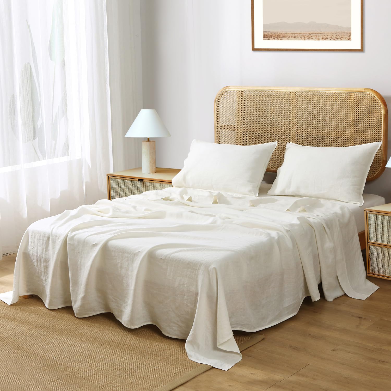 100% Organic French Linen Sheets Set - Queen Size Stone Washed Flax Bedding in Creamy White | Ultra Soft & Breathable | Perfect for Luxury Bedrooms, Guest Rooms & Eco-Friendly Homes