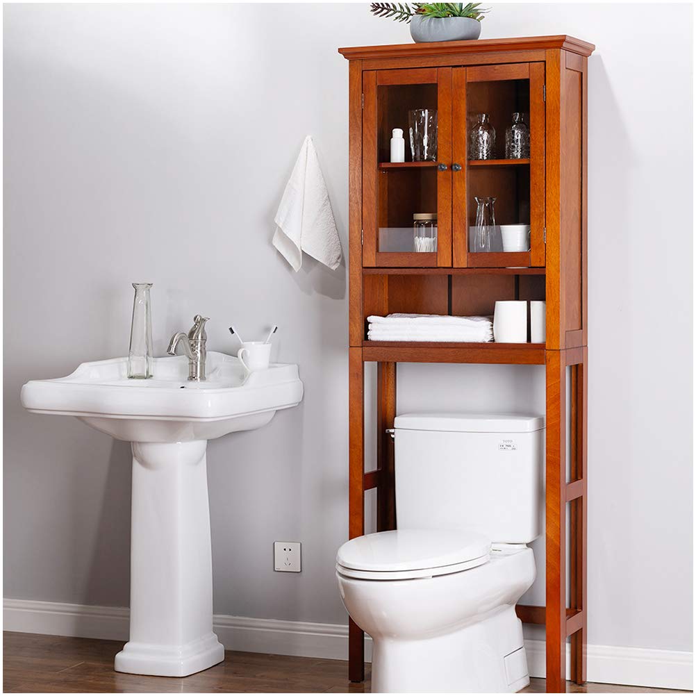 Glitzhome 68.25 Inch Wooden Bathroom Storage Cabinet with Glass Double Doors & Adjustable Shelves - Multifunctional Organizer for Towels, Toiletries & Bathroom Essentials - Perfect for Small Space Organization & Modern Bathroom Decor
