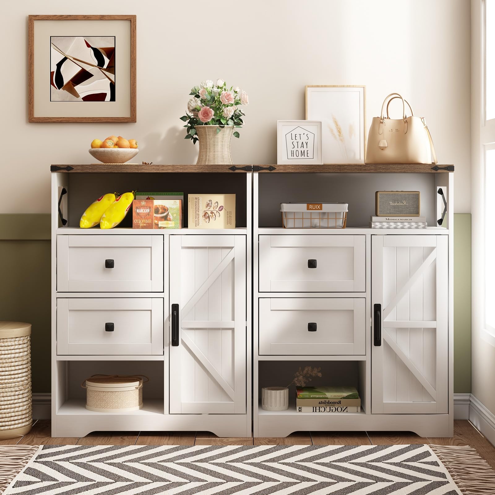 White Farmhouse Storage Cabinet with 2 Drawers & Open Shelves - Freestanding Organizer for Living Room, Bathroom, Kitchen & Laundry - Perfect for Home Decor, Storage Solutions & Small Space Organization