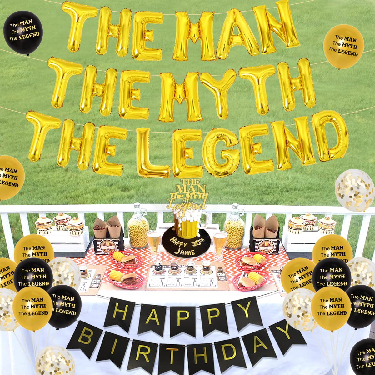 The Man The Myth The Legend Birthday Party Decorations Set - Black & Gold Banner, Cake Topper & Balloons for Men's Birthday, Father's Day or Whiskey Themed Retirement Party | Perfect for Home, Office & Bar Celebrations