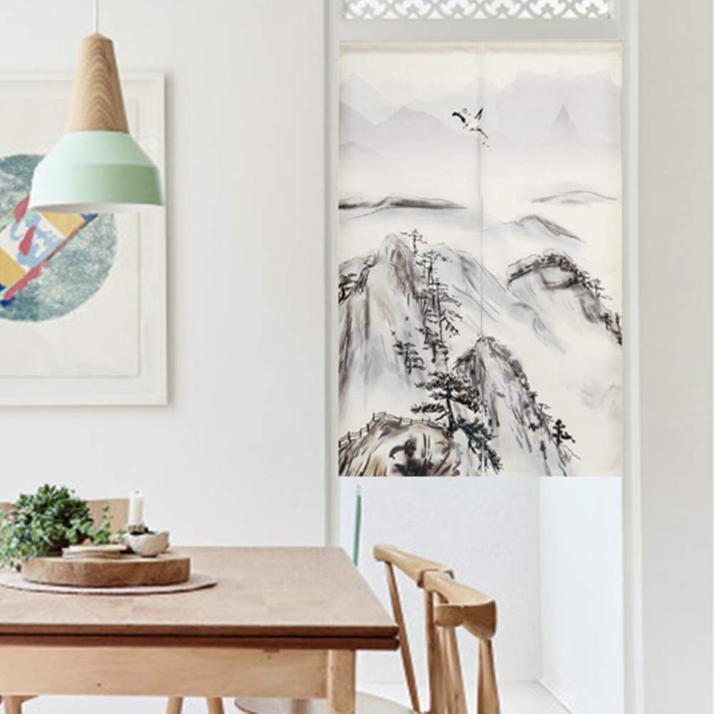 Japanese Noren Door Curtain - Chinese Ink Painting Print, Cotton Linen Room Divider Tapestry (33