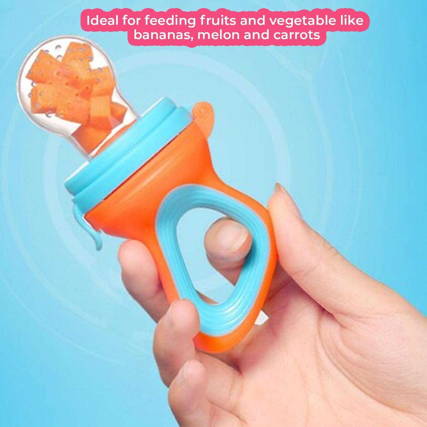 Safe-O-Kid® BPA-Free Baby Food Feeder - Non-Toxic Silicone Teether for Fresh Fruits, Vegetables & Snacks - Perfect for Babies & Toddlers Learning to Eat - Blue & Orange (Pack of 1) - Ideal for Home, Travel & Daycare Use
