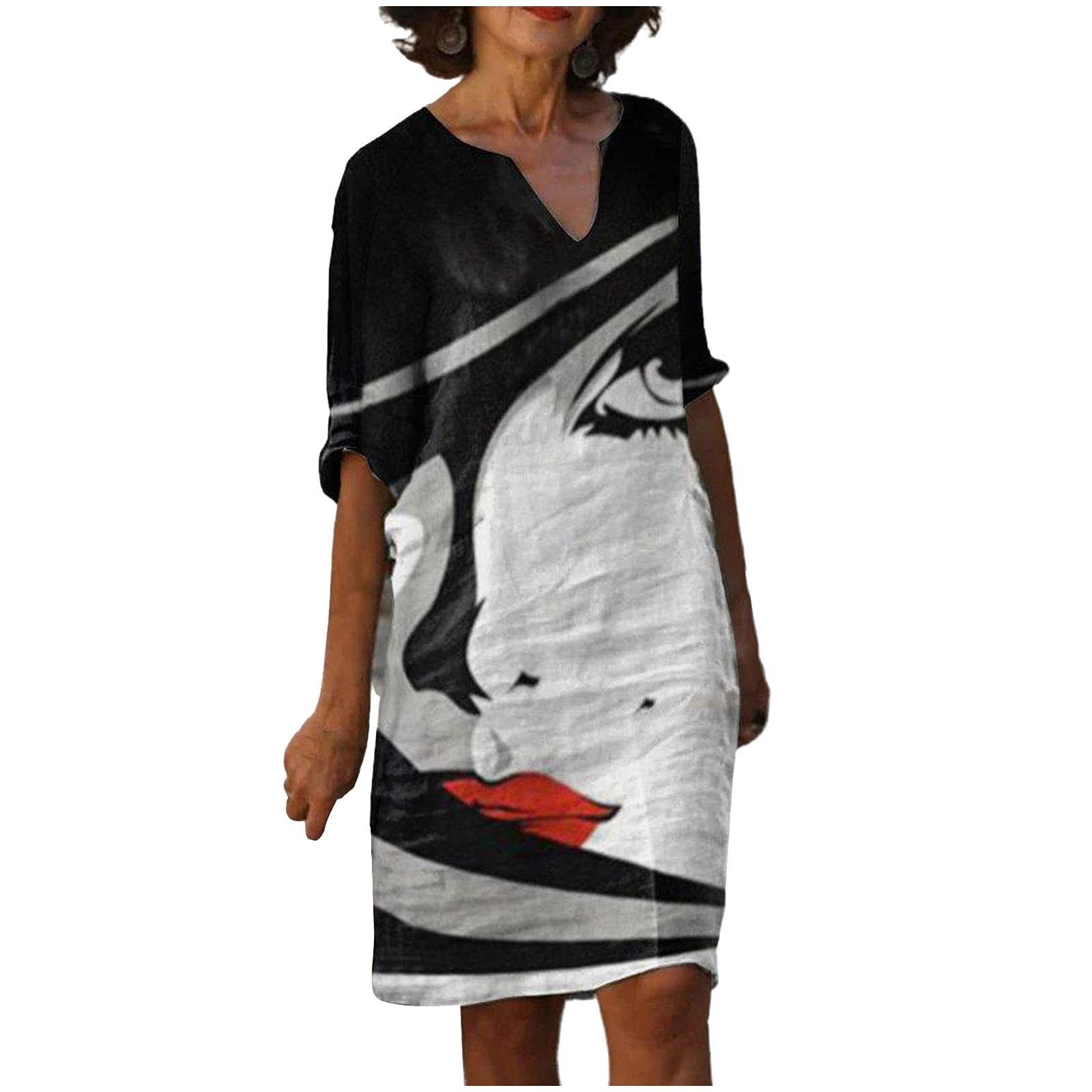 Stylish Women's Black Abstract Print Casual Dress - Loose Fit V-Neck Midi Dress with 3/4 Sleeves | Perfect for Summer Outings, Office Wear & Date Nights