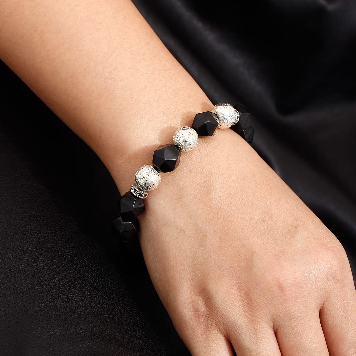 Black Obsidian & Silver Lava Stone Bracelet for Men - Essential Oil Diffuser, Yoga & Meditation Beaded Stretch Bracelet - Perfect for Stress Relief, Spiritual Healing & Everyday Wear