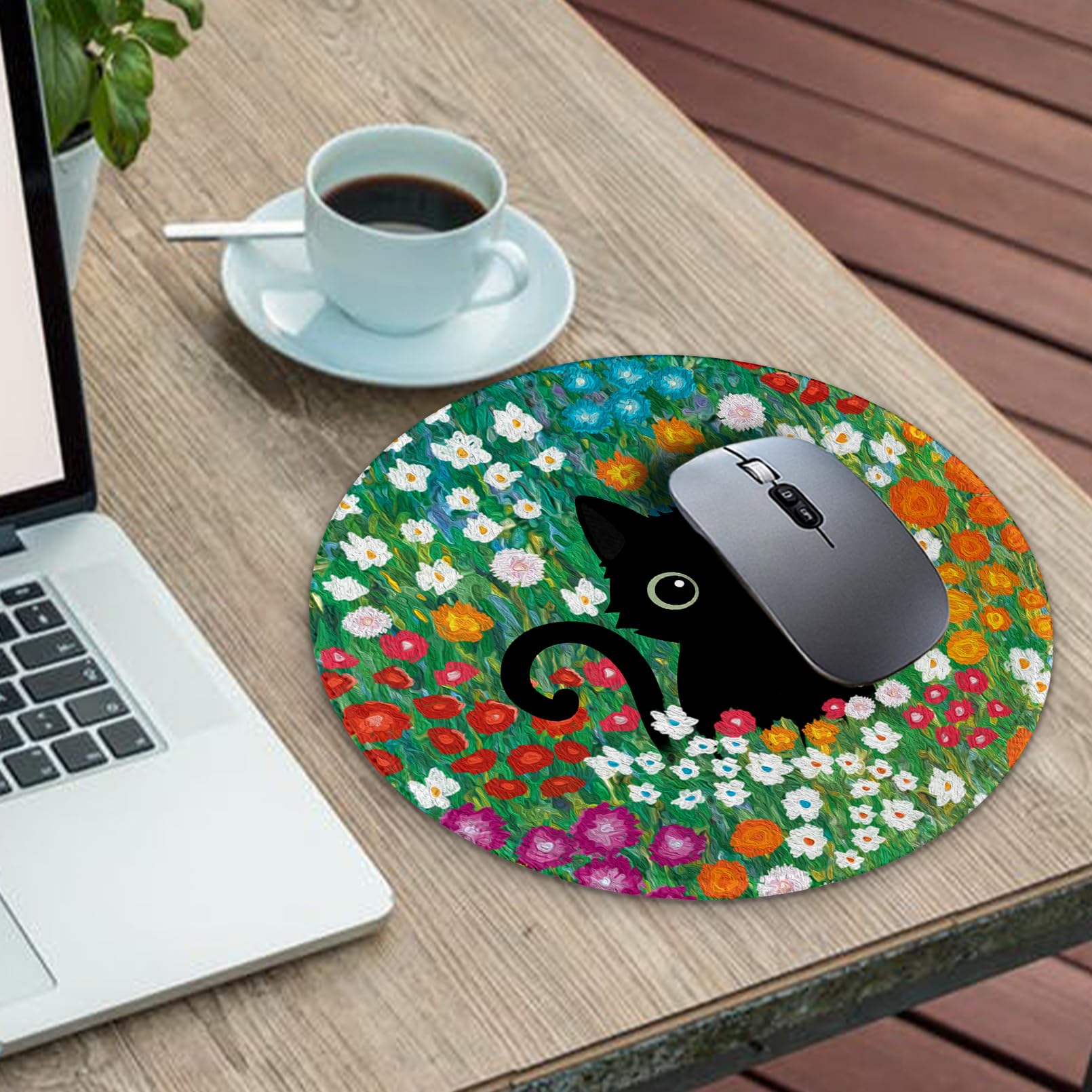 Gctriki Anime Black Cat Mouse Pad 8.6 x 8.6 Inch - Cute Round Gaming Mousepad with Non-Slip Rubber Base & Stitched Edge - Perfect for PC, Laptop, Home Office & Gaming Setup - Adorable Cat Flower Design Desk Accessory for Anime Fans