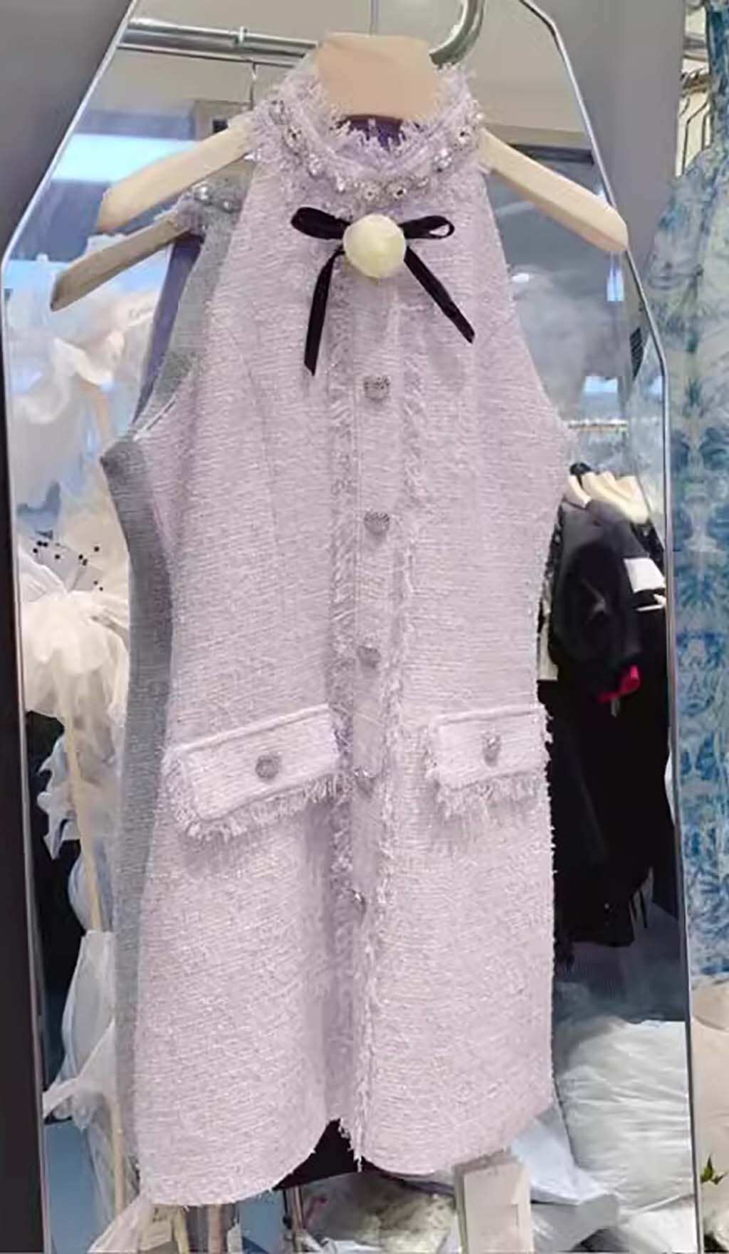 Lilac Tweed Mini Dress with Halter Bow Neck - Elegant Party & Cocktail Wear for Women