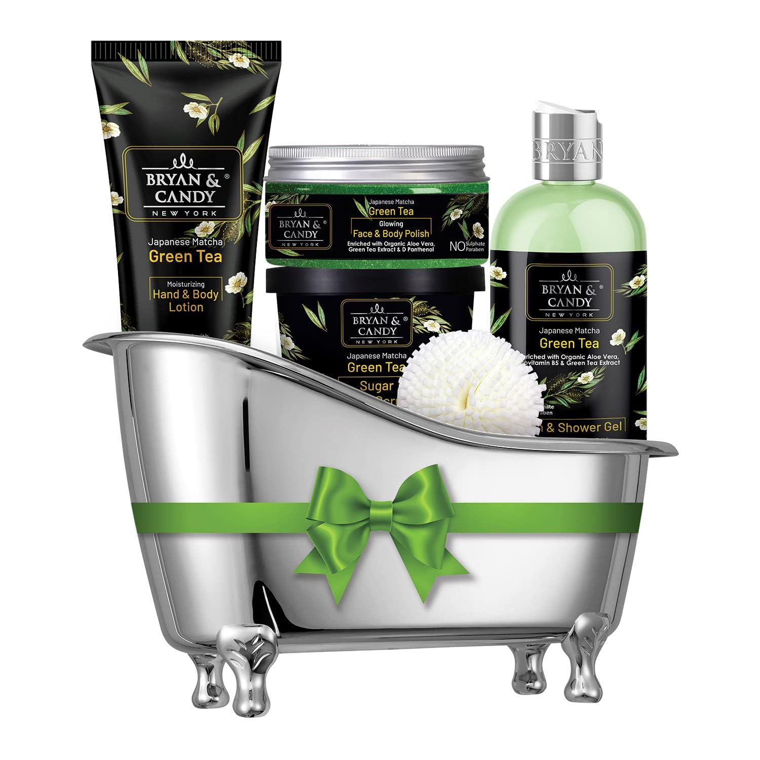 Organic Green Tea Bath & Body Gift Set for Women & Men - pH 5.5 Balanced Spa Kit with Shower Gel, Body Lotion, Sugar Scrub & Polish | Vegan, SLS & Paraben Free | Perfect for Relaxation, Self-Care & Romantic Gifts