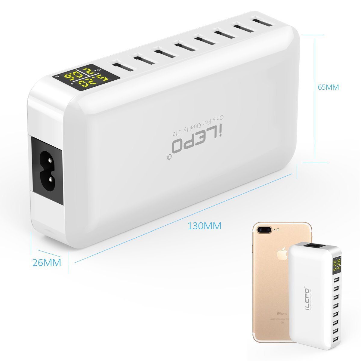 iLepo 8-Port USB Charging Station with LED Display - Fast Desktop Wall Charger for Multiple Devices (Laptops, Tablets, Phones) | Perfect for Home, Office & Travel Use