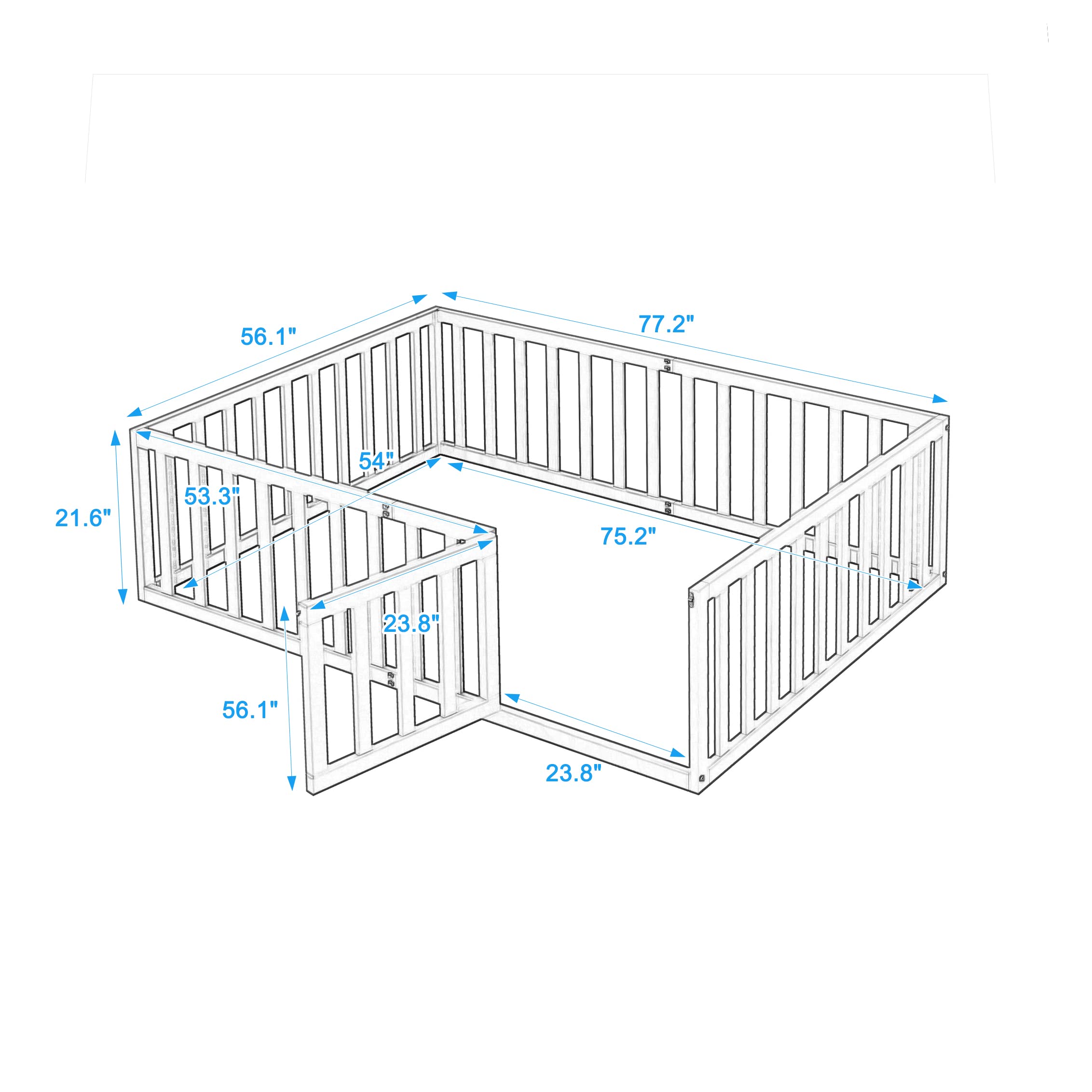 Wooden Kids Floor Bed with Fence & Door - Safe Playpen for Toddlers - Nursery & Playroom