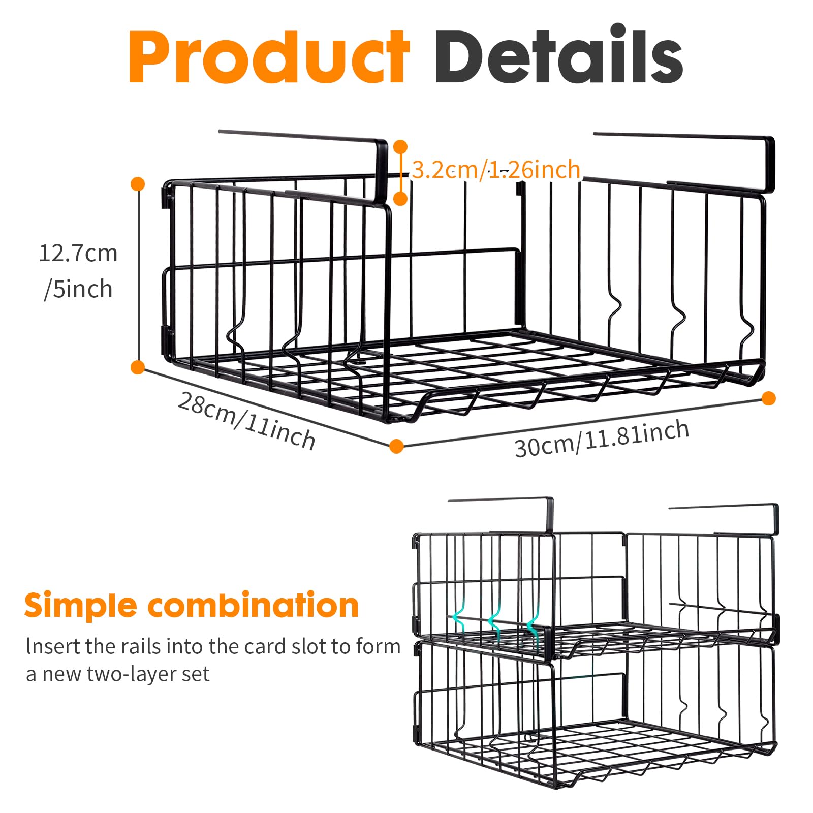 2-Pack Under Shelf Storage Baskets - Heavy Duty Steel Hanging Wire Organizer for Kitchen, Pantry, Laundry Room & Office - Space Saving Solution for Spices, Books & Supplies (Black)