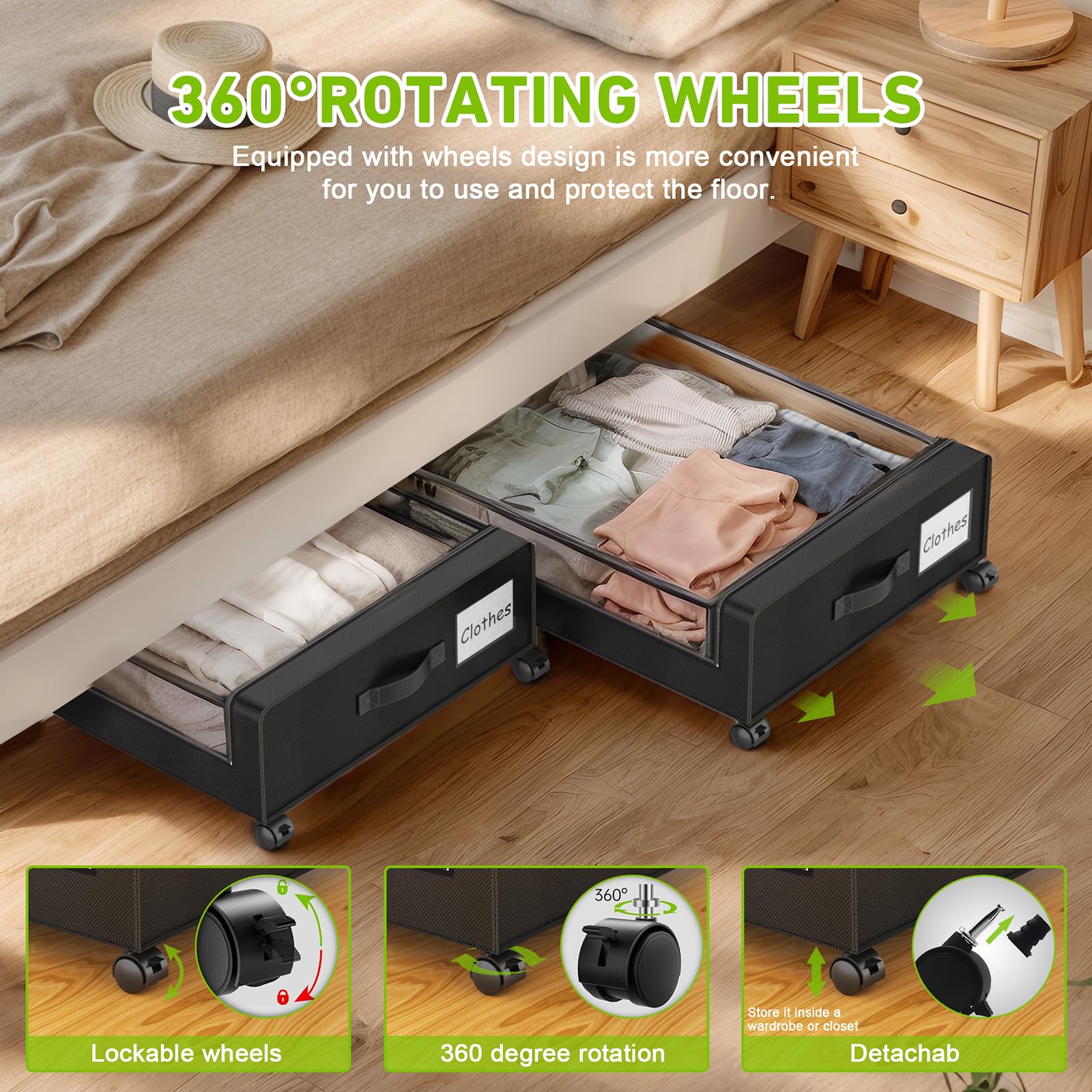 Under Bed Storage Containers with Wheels - 2-Pack XXL 60L Rolling Drawers with Clear Lids & Labels for Clothes, Shoes, Toys, Books - Metal Frame Underbed Organizer - Perfect for Bedroom, Closet, Dorm & Small Space Storage (Black)