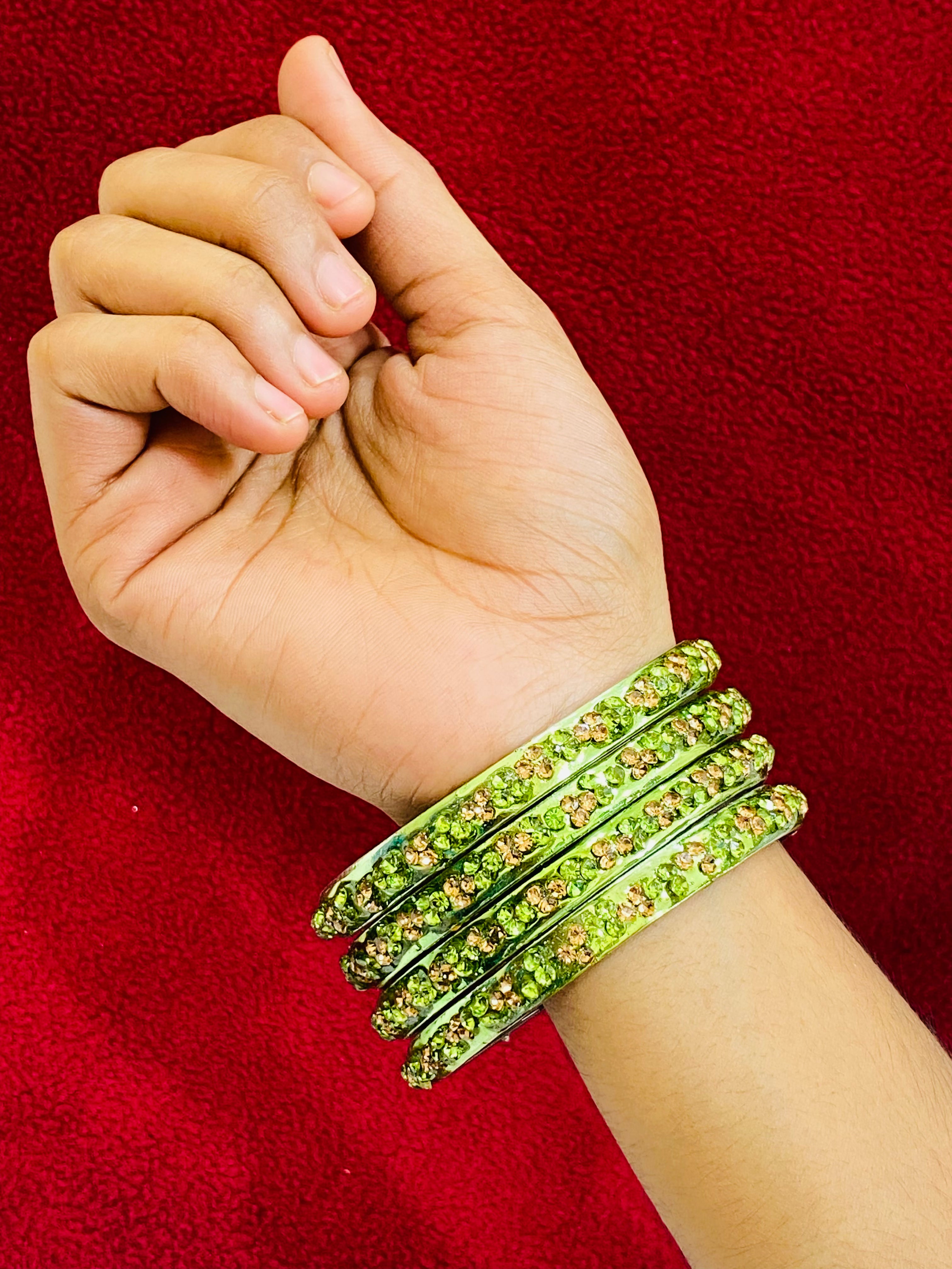 Elegant Light Green Stone-Design Glass Bangles for Women - Perfect for Parties, Weddings & Special Occasions
