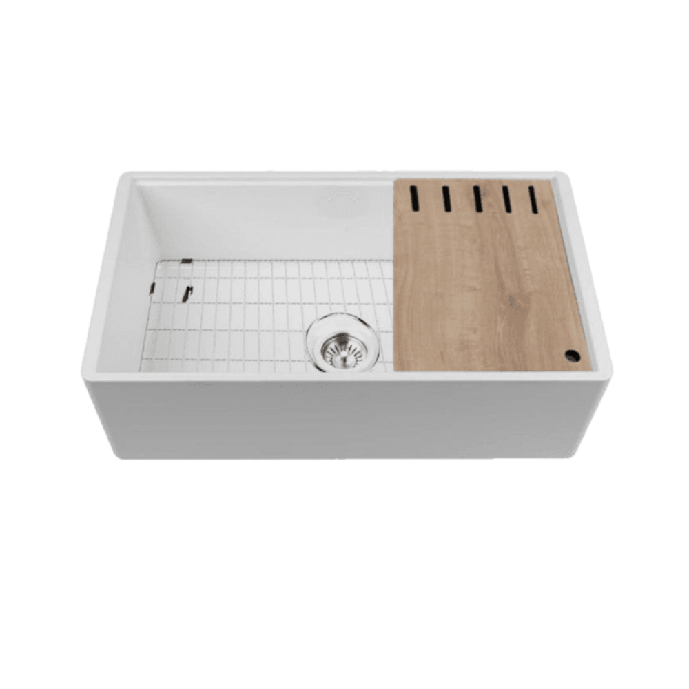 Abey Chambord Legrande Double Bowl Reversible Fireclay Farmhouse Kitchen Sink, 30x18x10 Inches with Accessories, White (LEGRANDE 1W) - Perfect for Modern Farmhouse, Rustic & Traditional Kitchen Designs