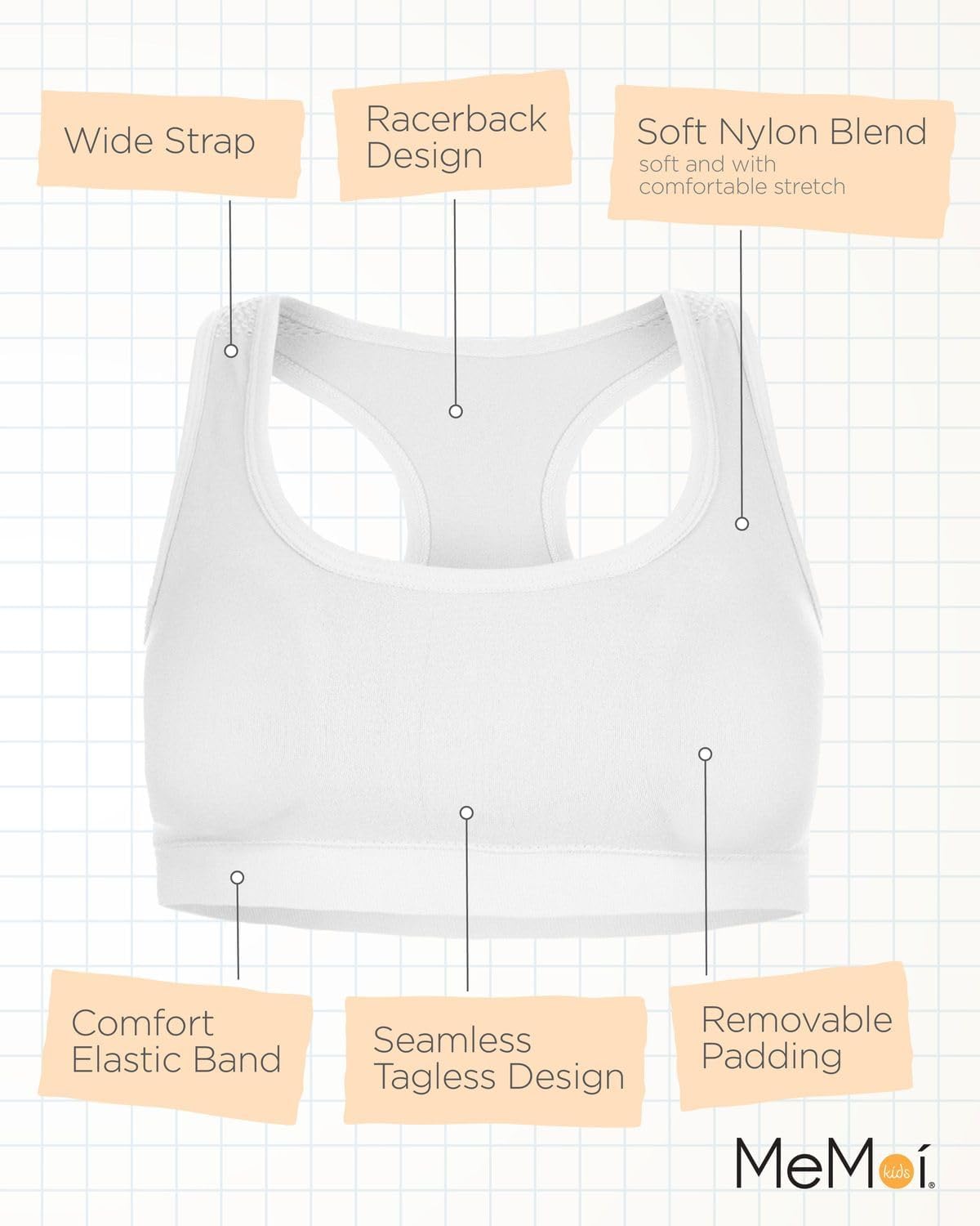 MeMoi Girls' 2-Pack Racerback Sports Bras - Breathable Workout Training Bras for Teens & Kids - Perfect for Gym, Yoga, Running & Active Play