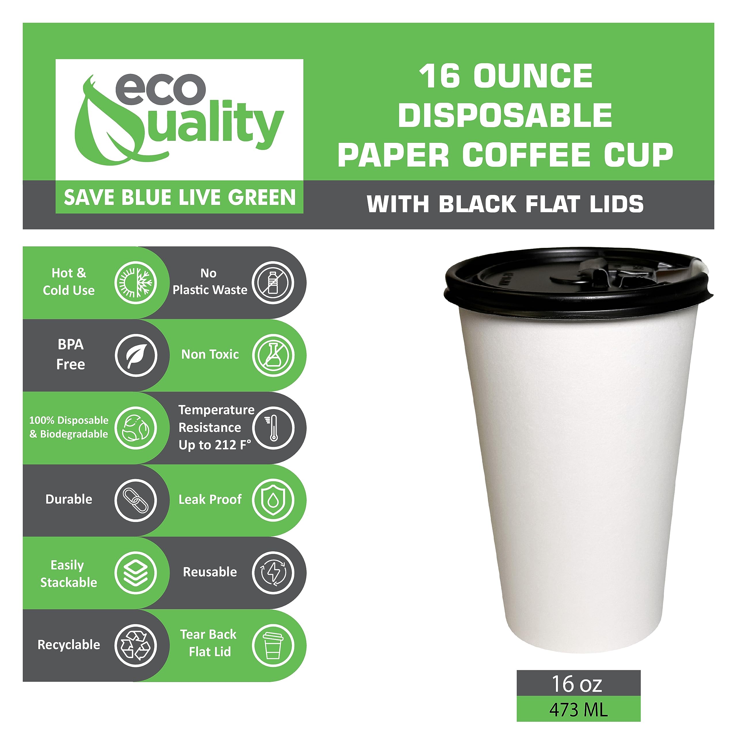 16 oz Disposable White Paper Coffee Cups with Black Flat Lids - 1000 Pack Recyclable Hot & Cold Drink Cups for Tea, Coffee, Water - Perfect for Office Breakrooms, Travel, Picnics & Outdoor Events
