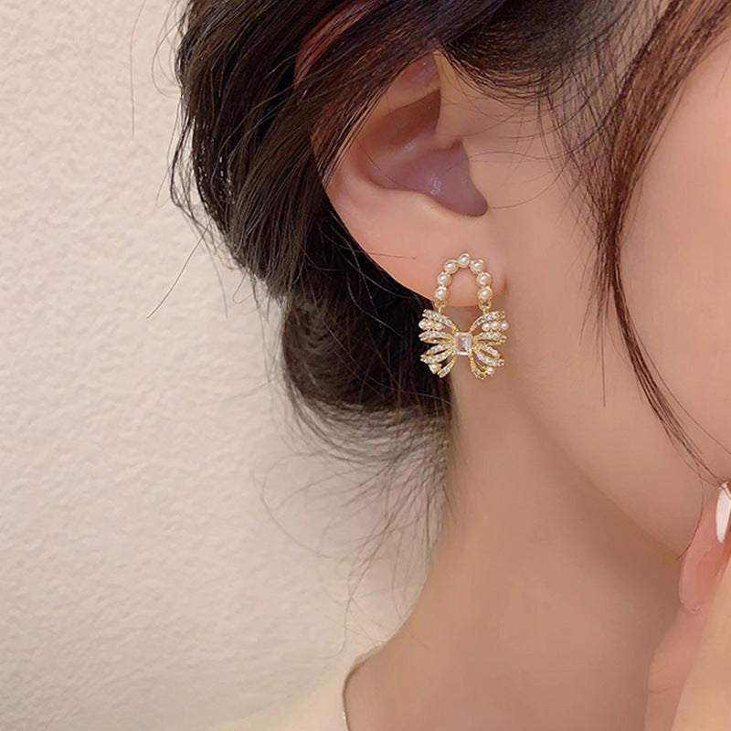 Sweet Pearl Bow Ribbon Drop Earrings for Women - Elegant Dangle Jewelry Gift for Brides, Prom, Party & Special Occasions | A7908