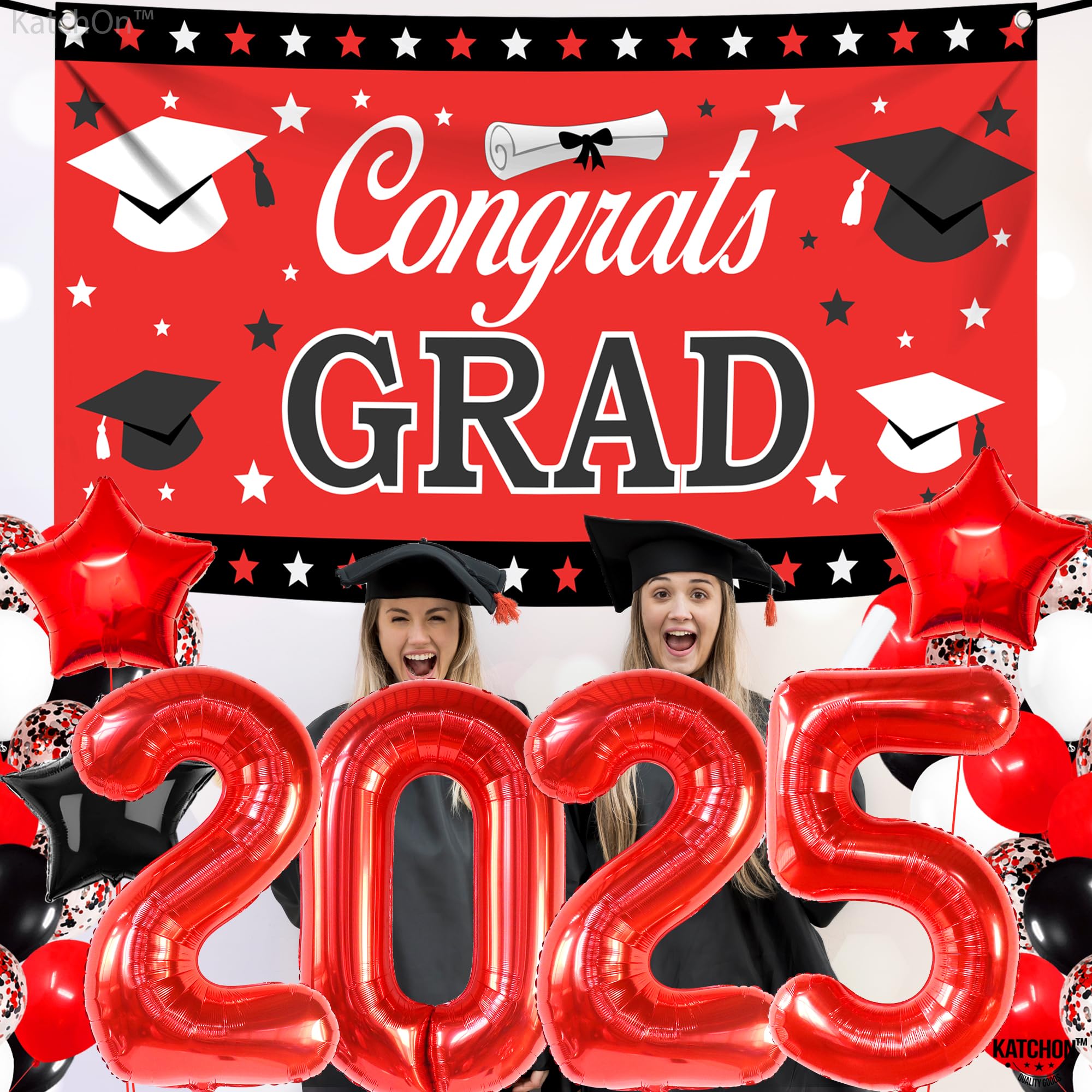 KatchOn 2025 Graduation Decorations Set - 40-Piece Red & Black Balloons, Congrats Grad Banner | Class of 2025 Party Supplies for Graduation Ceremony, High School & College Celebration