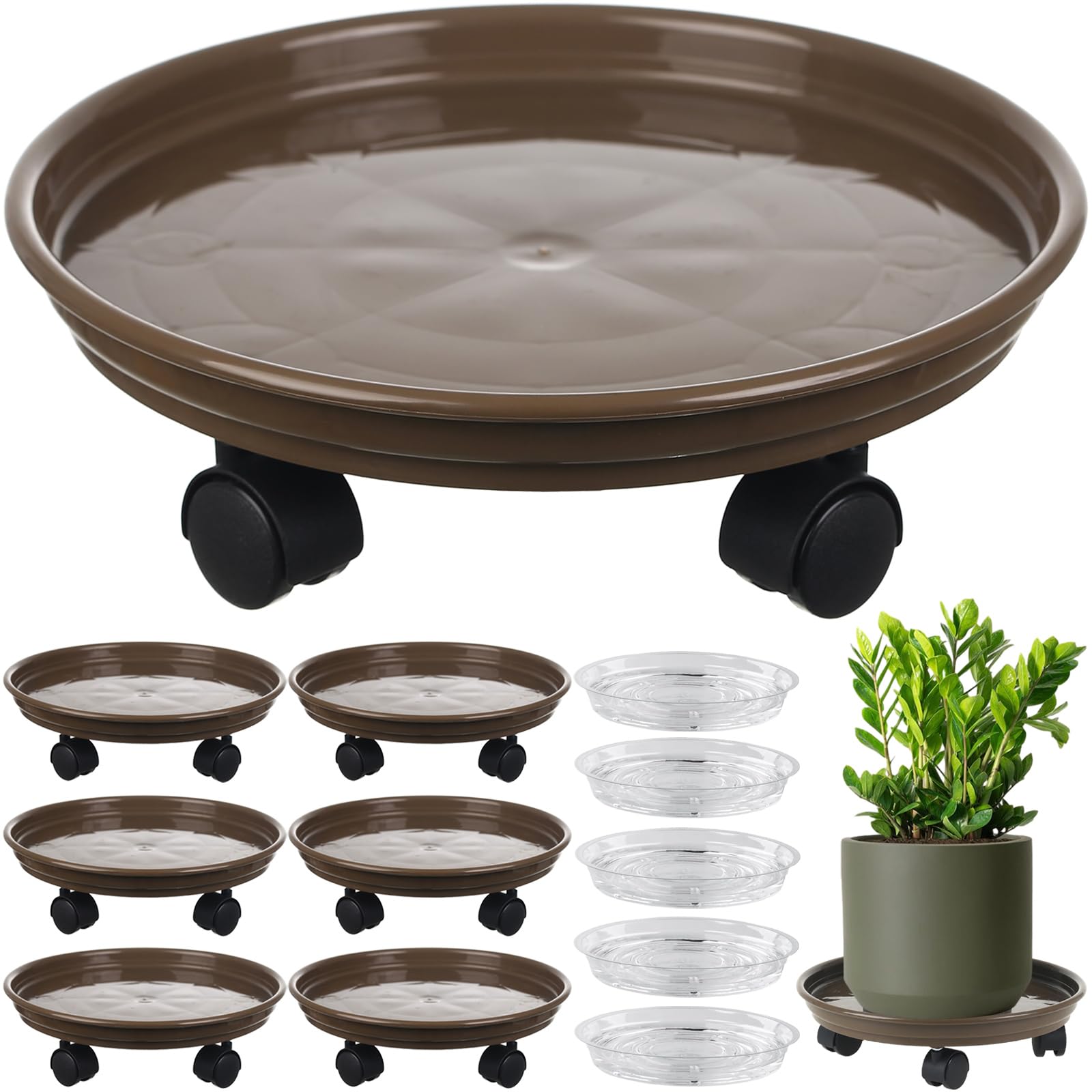 Circloophs 7-Pack Heavy Duty 12-Inch Rolling Plant Caddy with Wheels - Plant Dolly for Moving Large Pots Indoors & Outdoors - Coffee Brown - Perfect for Garden, Patio, and Home Decor