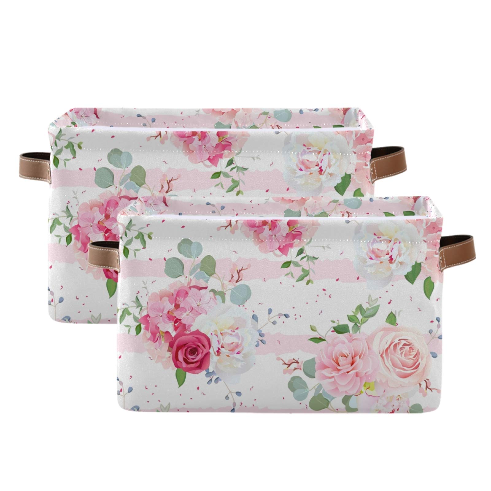 Pink Rose Floral Square Storage Baskets - 2 Pack Canvas Closet Organizer Bins for Home & Office - Perfect for Shelves, Bathroom, Nursery & Bedroom Organization