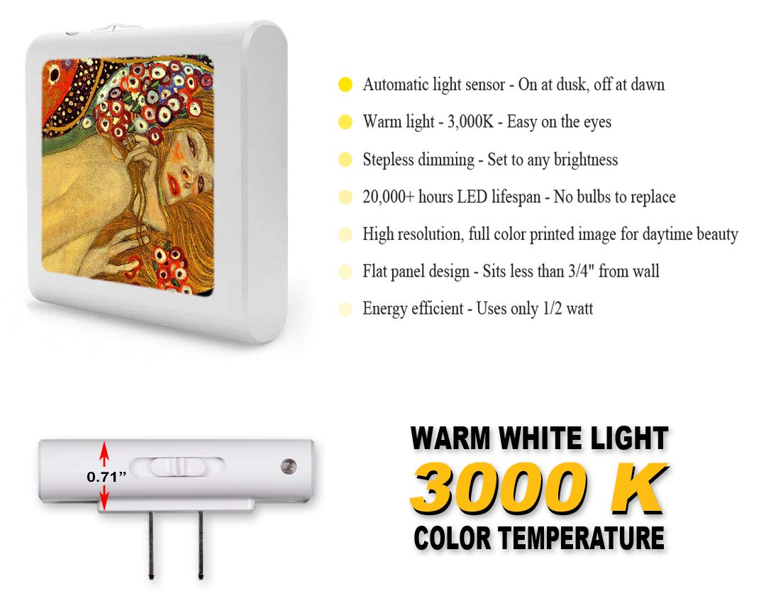 Dimmable LED Night Light with Auto On/Off Sensor - Adjustable Brightness & Warm White Light for Bathroom, Hallway, Nursery & Bedroom - Perfect for Nighttime Safety & Comfort - Klimt: Sea Serpents III