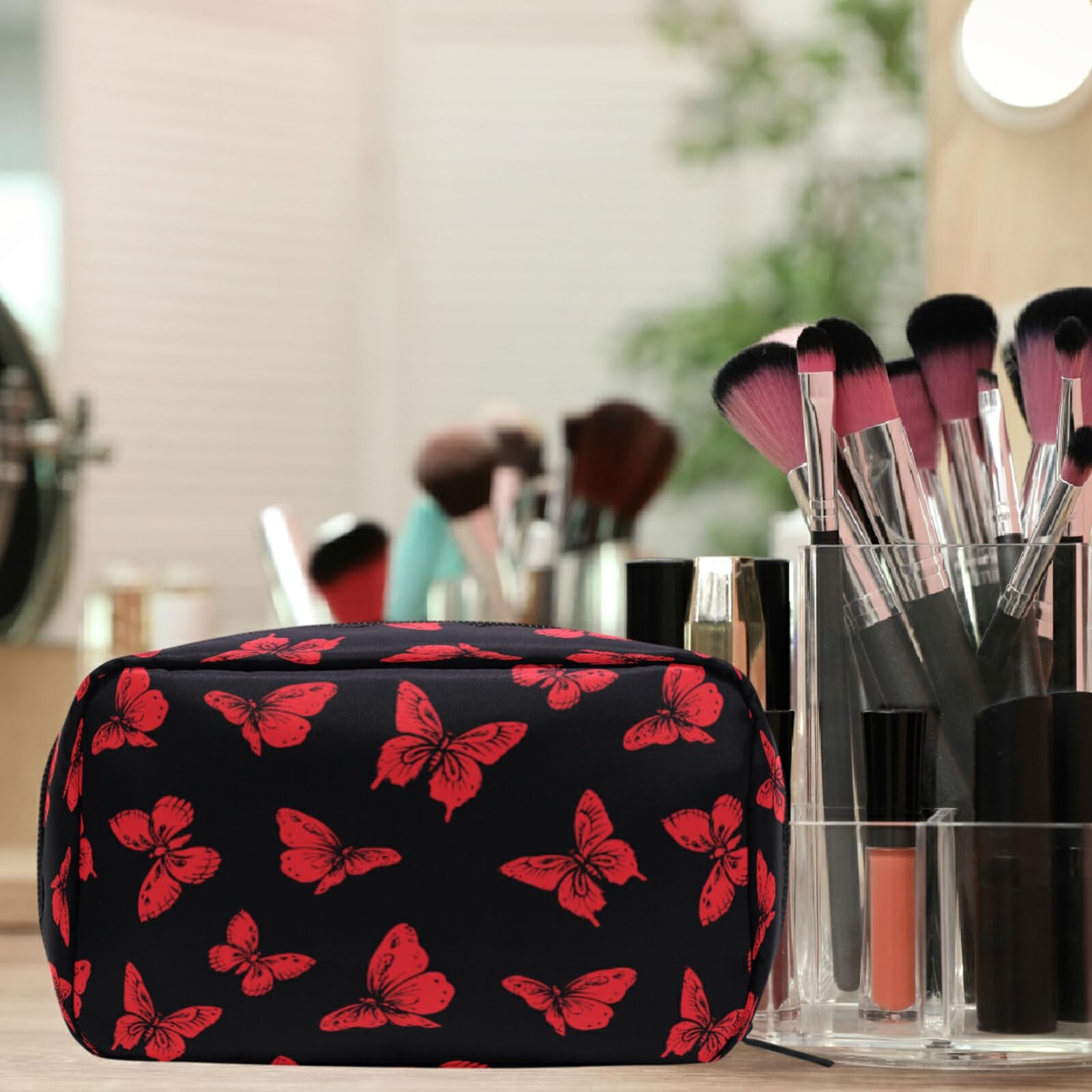 MNSRUU Small Cosmetic Bag for Women & Girls - Butterfly Makeup Organizer with Multiple Compartments | Travel Toiletry Pouch for Makeup Brushes, Lipsticks & Skincare Essentials | Perfect for Vacation, Gym & Daily Use