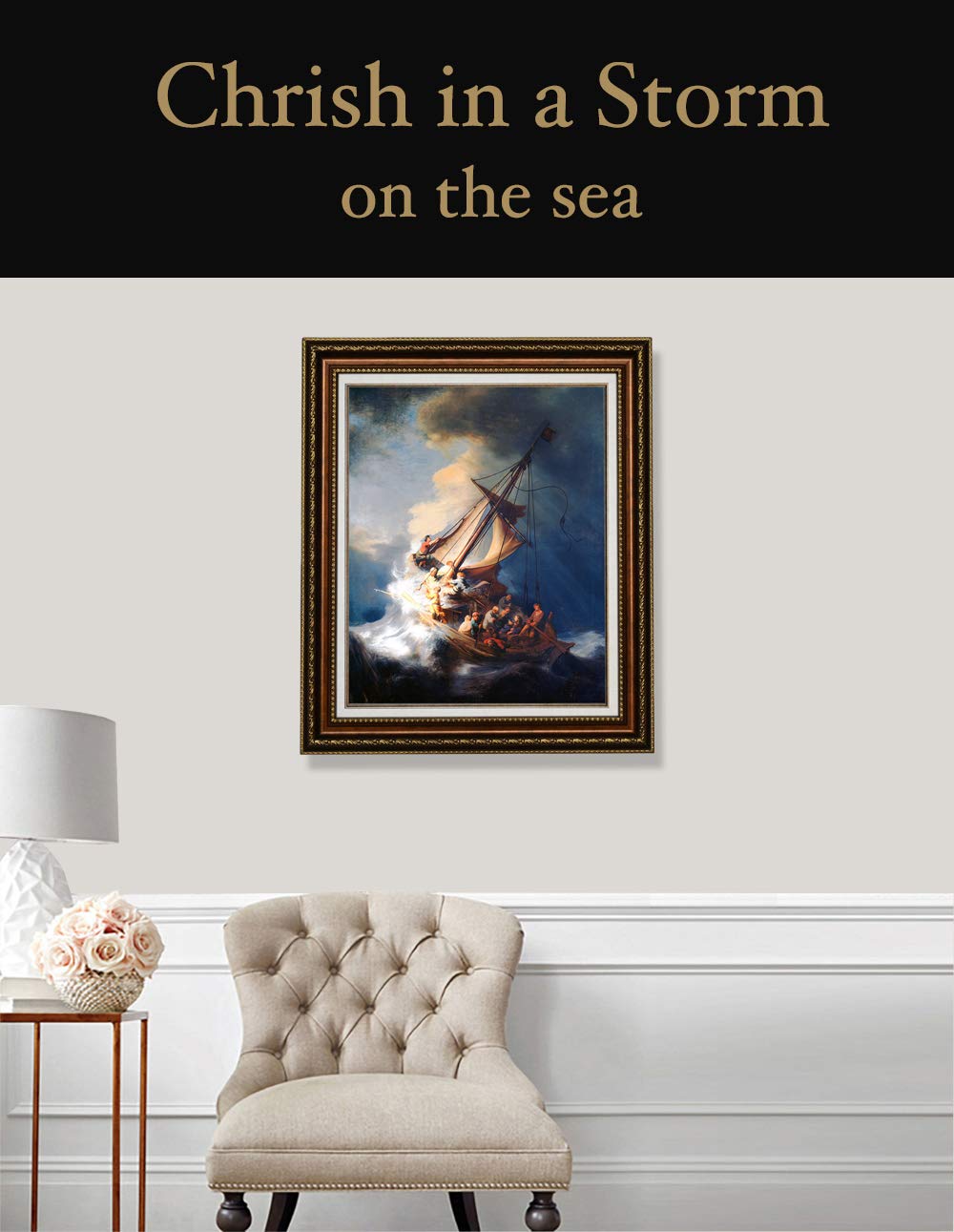 Rembrandt van Rijn Oil Painting Reproduction - Christ in a Storm on the Sea of Galilee Dutch Golden Age Art, Giclee Canvas Print Framed Wall Decor 28.5x35 inches - Perfect for Living Room, Bedroom & Office