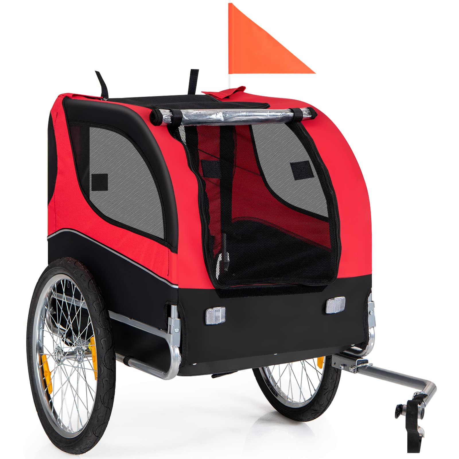 Tangkula Foldable Dog Bike Trailer - Breathable Mesh Pet Carrier with 3 Entry Points, Safety Flag & 8 Reflectors - 20 Inch Wheels Bicycle Wagon for Small to Medium Dogs - Perfect for Cycling, Jogging & Outdoor Adventures with Your Pet