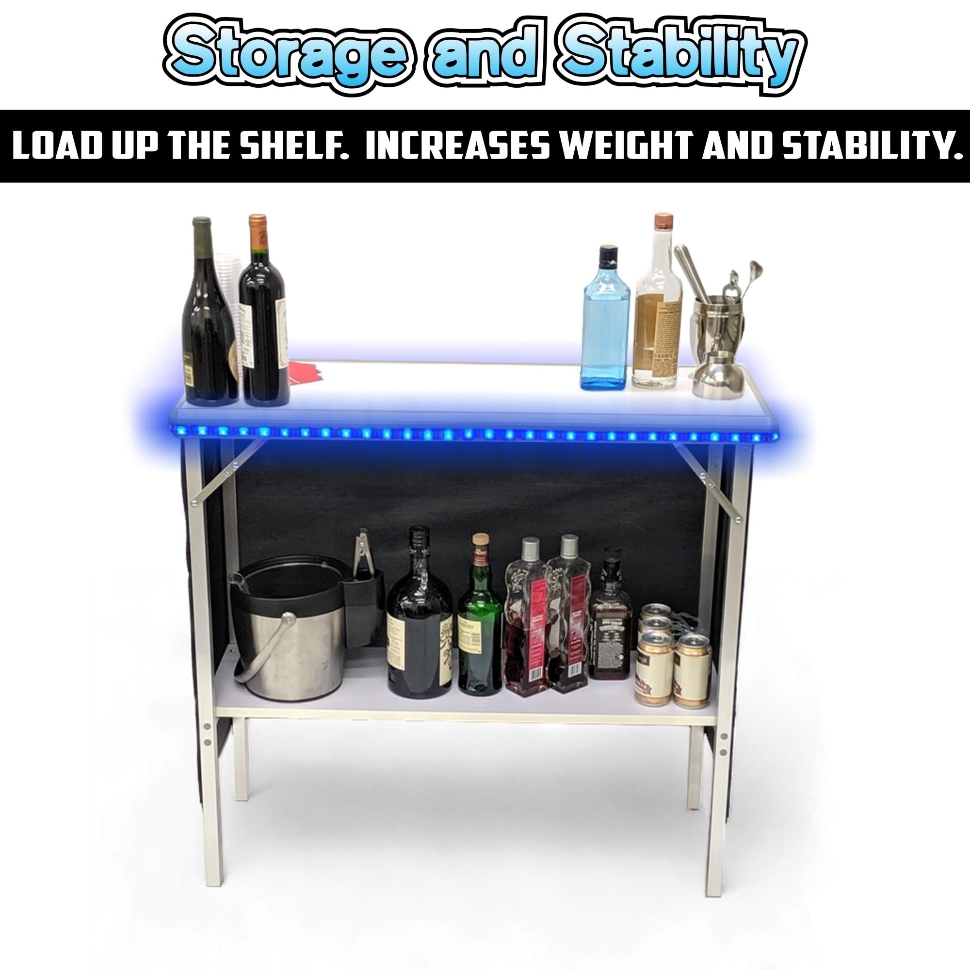 PARTYPONG Folding Portable Triple Bar with LED Lights - Wireless Remote Control, 2 Bar Skirts, Storage Shelf & Carrying Case - White | Perfect for Home Parties, Outdoor Events & Tailgating