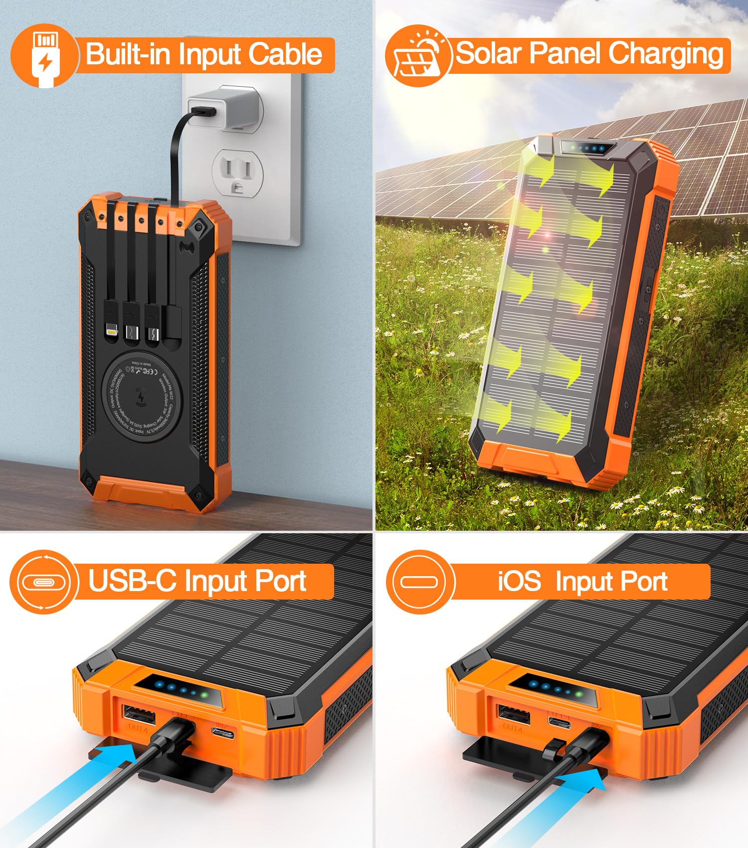 36000mAh Solar Power Bank with Wireless Charging - 15W Fast Portable Charger Built-in 4 Cables & 6 Outputs for iPhone, Samsung, Android Devices - Dual Flashlights & Carabiner for Camping, Travel, Emergency Power Backup