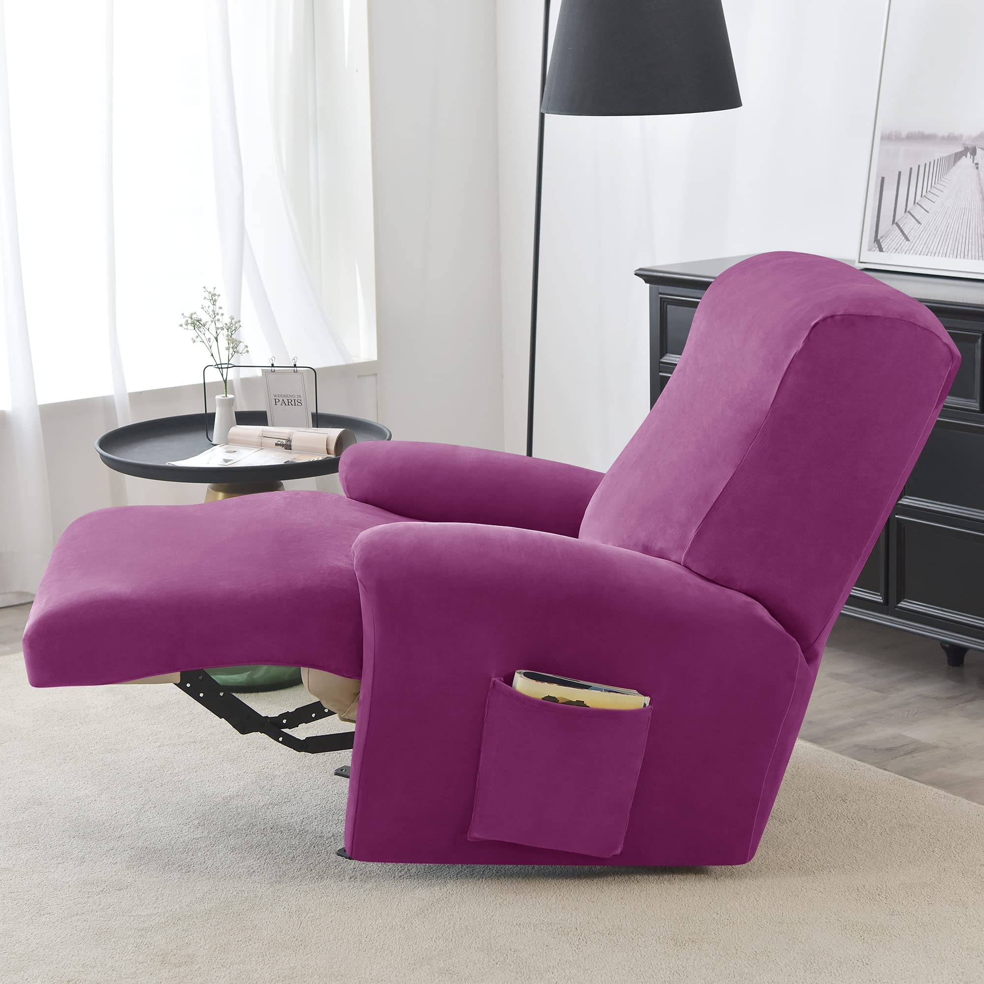 Velvet Recliner Sofa Slipcover - 4-Piece Stretch Recliner Chair Cover with Side Pocket | Plush Electric Recliner Cover for Pets | Furniture Protector for Living Room, Home Theater & Family Room