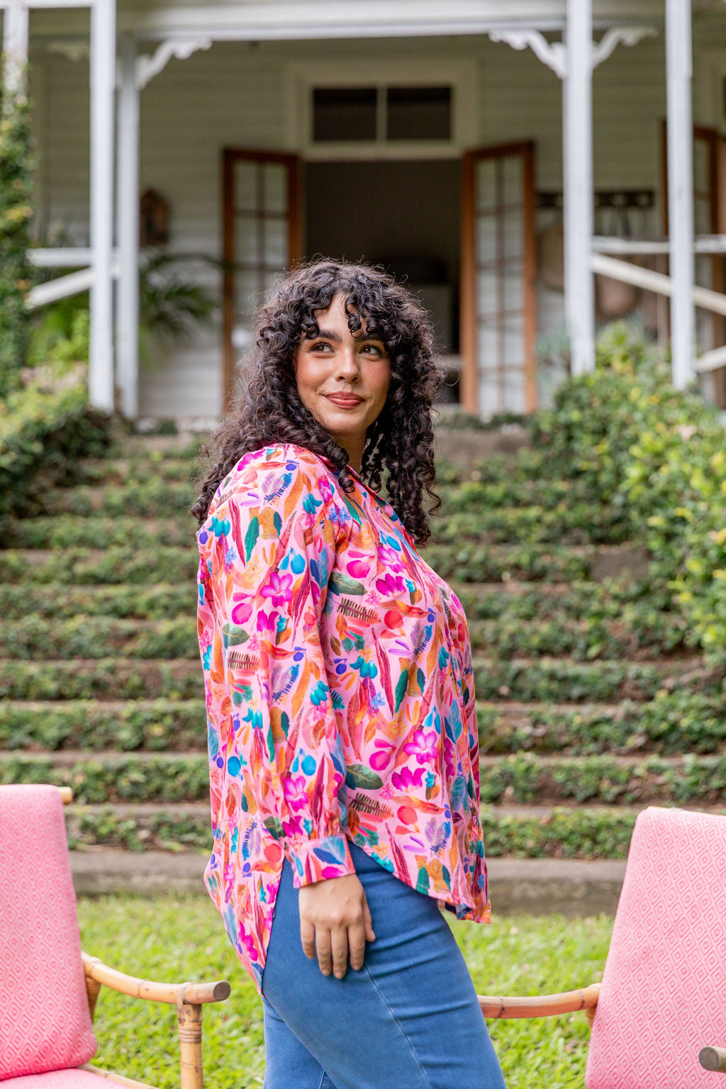 Kasey Rainbow Lana Shirt - Floral Print Women's Blouse | Perfect for Spring Outfits & Backyard Gatherings